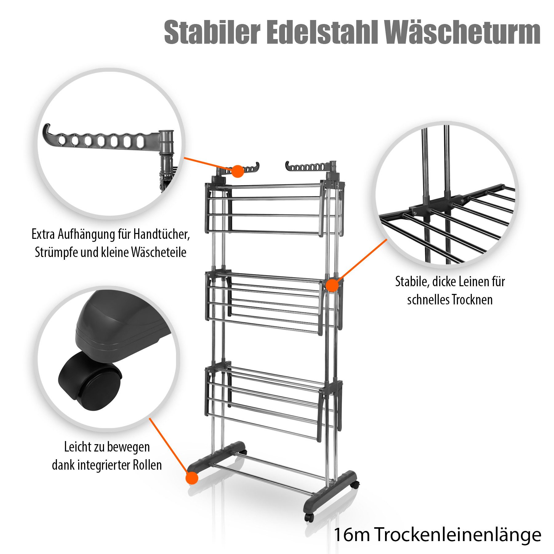 BigDean Wäscheständer Wäscheständer Turm mit 3 Ebenen und 4 Rollen in Grau, Edelstahl, Dicke Leinen, 2 Extra Aufhänger für Kleiderbügel