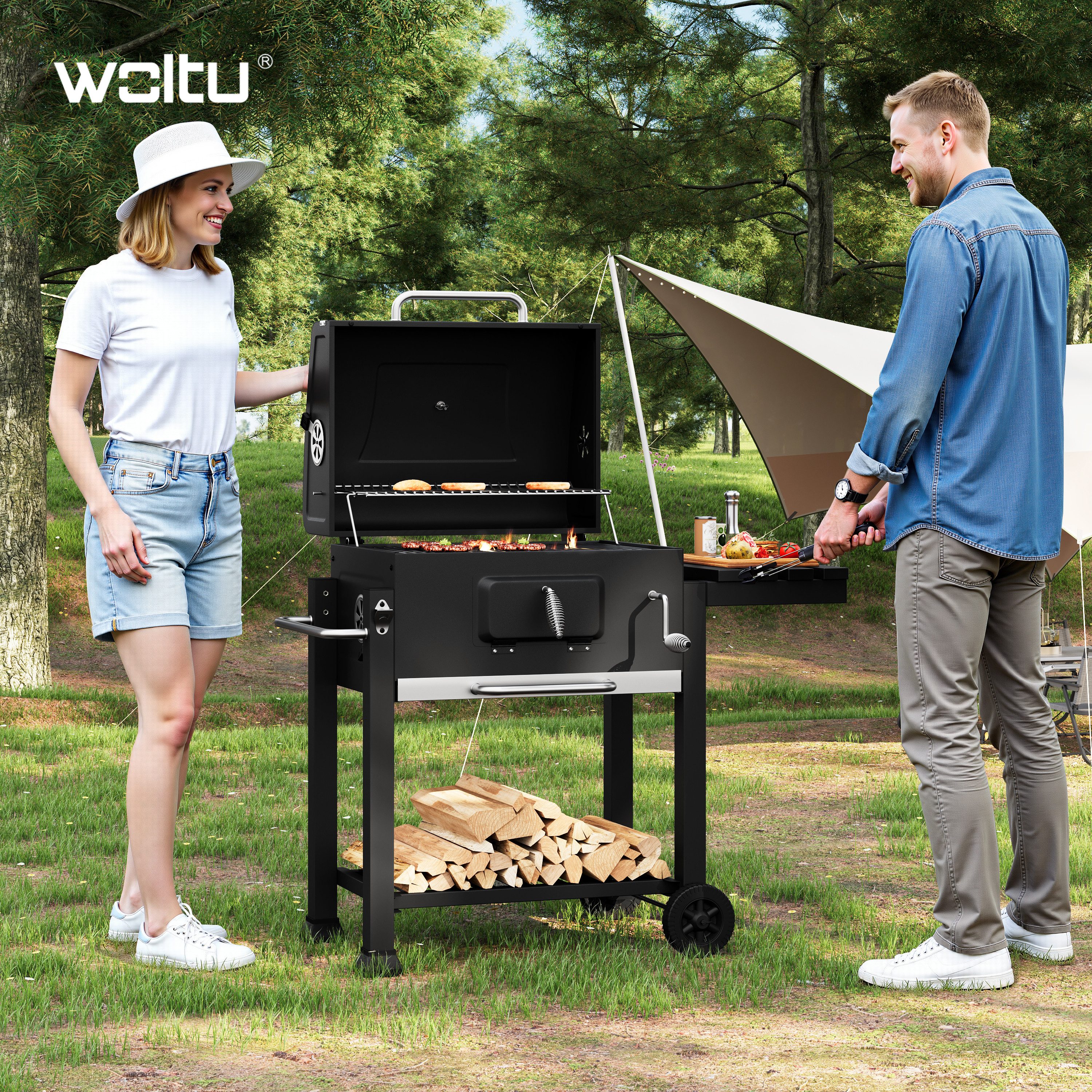 Woltu Holzkohlegrill, Kohlewanne höhenverstellbar Standgrill Barbecue Grill mit Räder