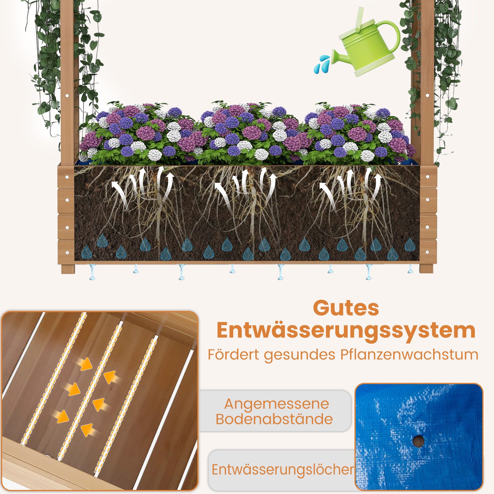 COSTWAY Hochbeet (1 St), Pflanzkasten mit Rankgitter & hängendem Dach, 110 x 40 x 124 cm