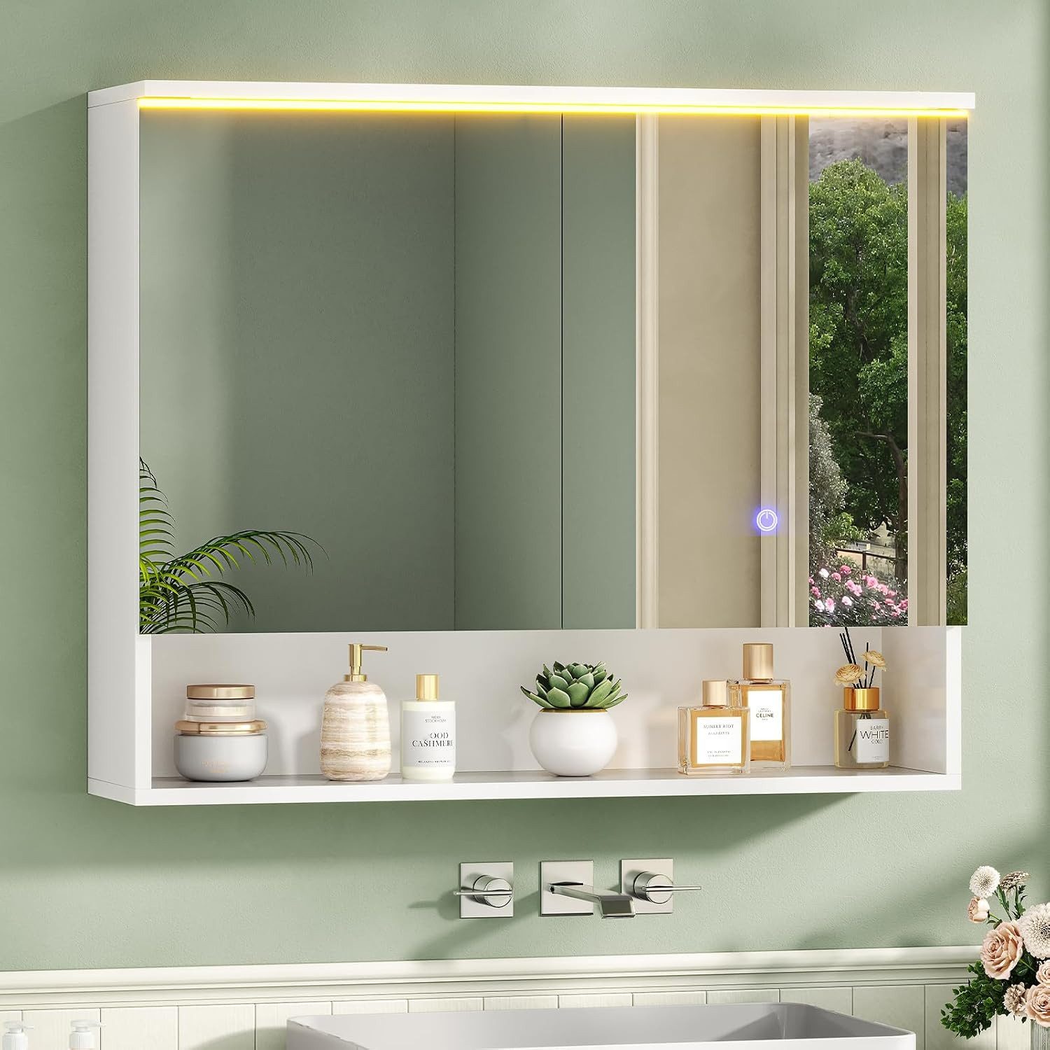 MSMASK Badezimmerspiegelschrank mit LED-Beleuchtung und Steckdose, Offenes Regal, 80 x 19,5 x 75.5 cm (1-St) 3-stufig höhenverstellbare Ablage