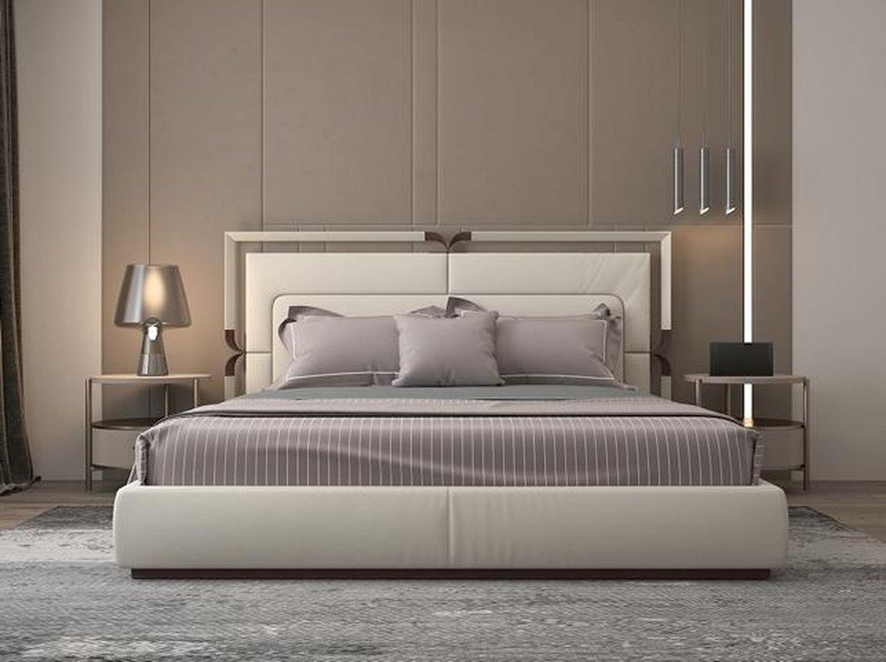 Xlmoebel Polsterbett Luxus Bettgestell Beige mit braunen Akzenten und elegantem Kopfteil (Bettgestell, Polsterbett), Made in Europa