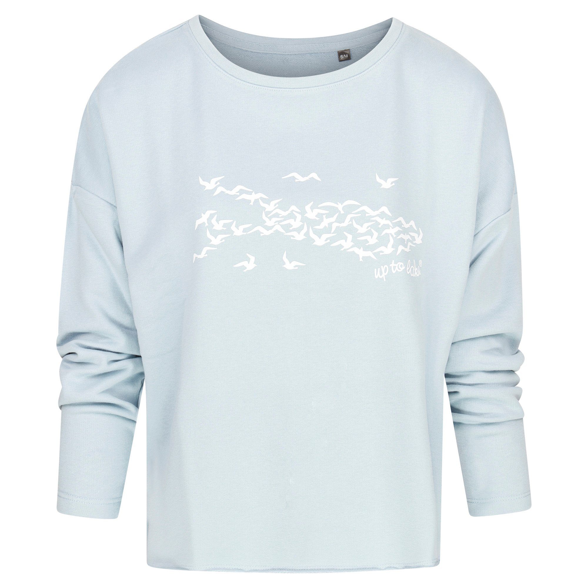 uptolake design Sweatshirt für Damen aus weichem Baumwollstoff mit "Mövensee-Bodensee" Design Hellblau/Weiß