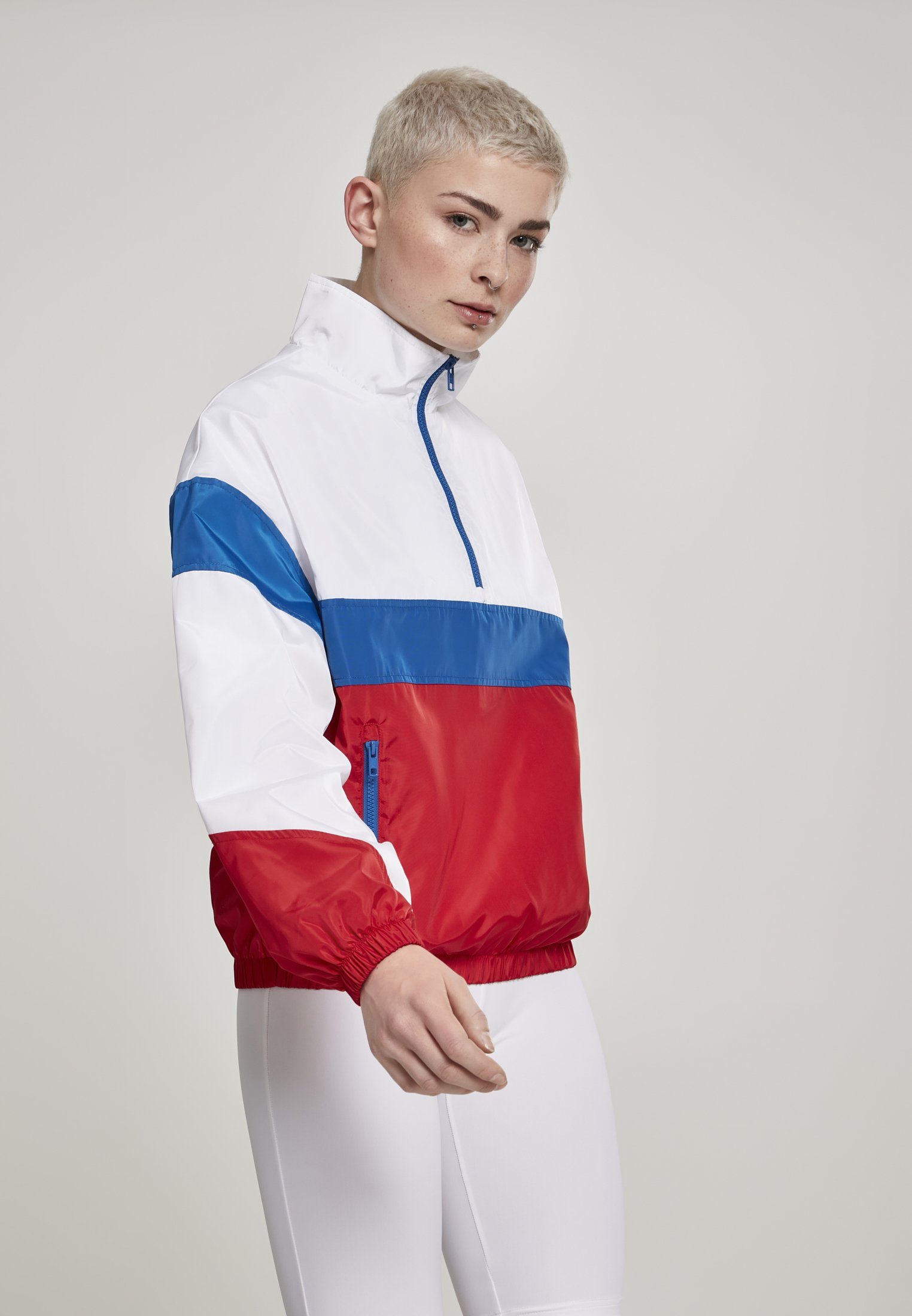 white/firered/brightblue Collar Ladies Jacket (1-St) Pull Outdoorjacke Stand URBAN CLASSICS 3-Tone Over Damen Up