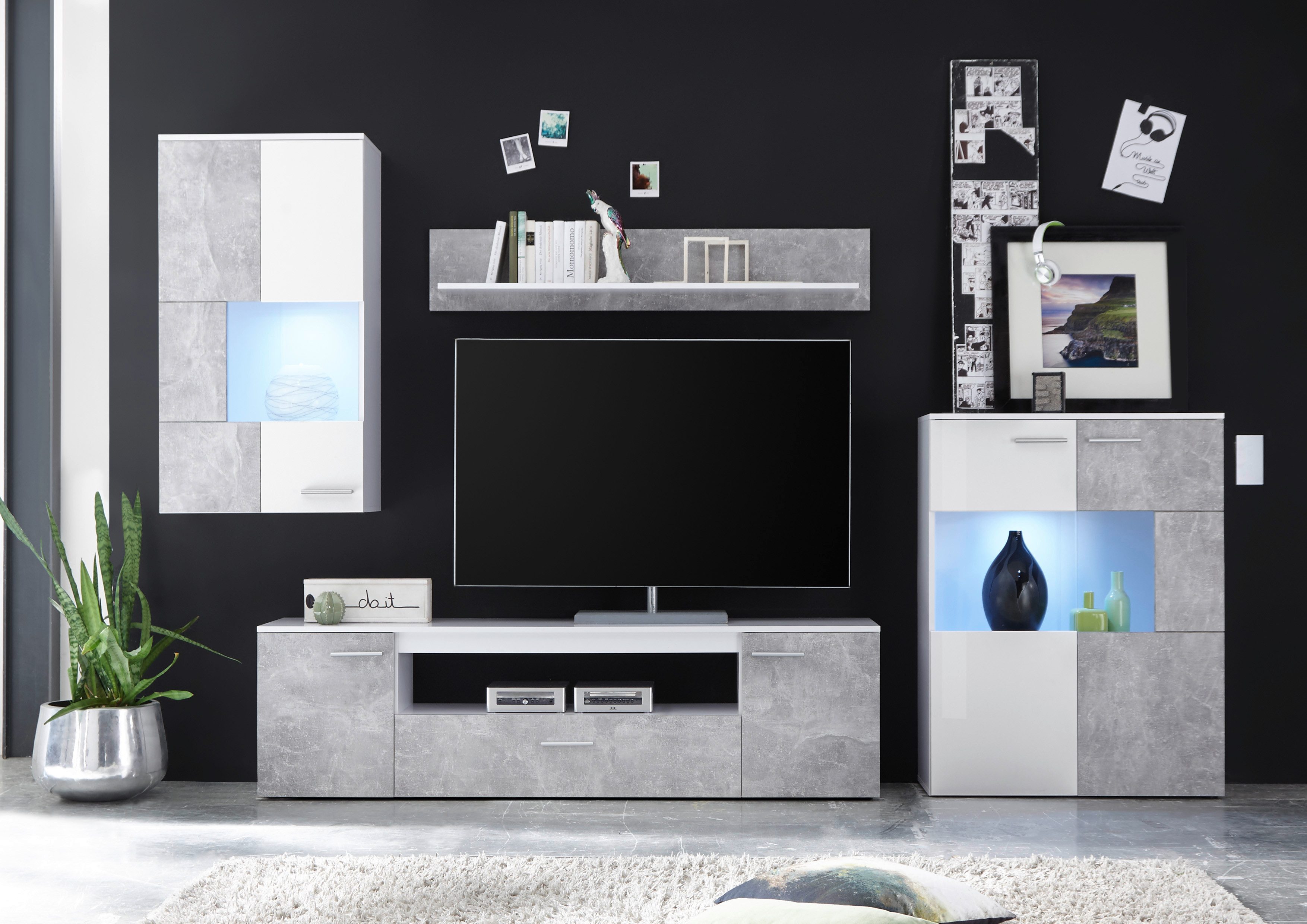 Wohnwand Vulcan inkl. LED-Beleuchtung Weiß-Beton, BxHxT 290x194x40 cm