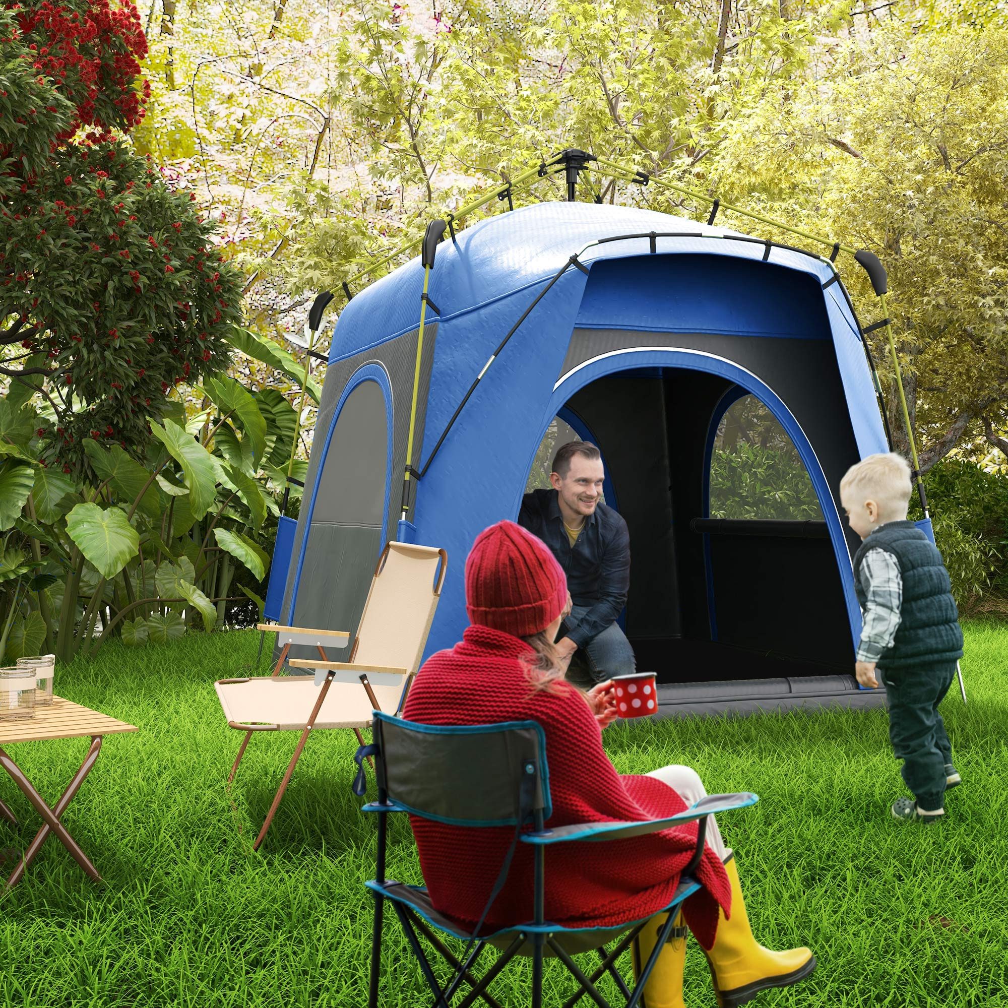 Outsunny Kuppelzelt Pop Up mit Haken mit 1000mm Wassersäule Zelt, Personen: 3 (UV 50+ Pop Up Campingzelt, 1 tlg., Familienzelt), für Camping Reise Trekking Garten