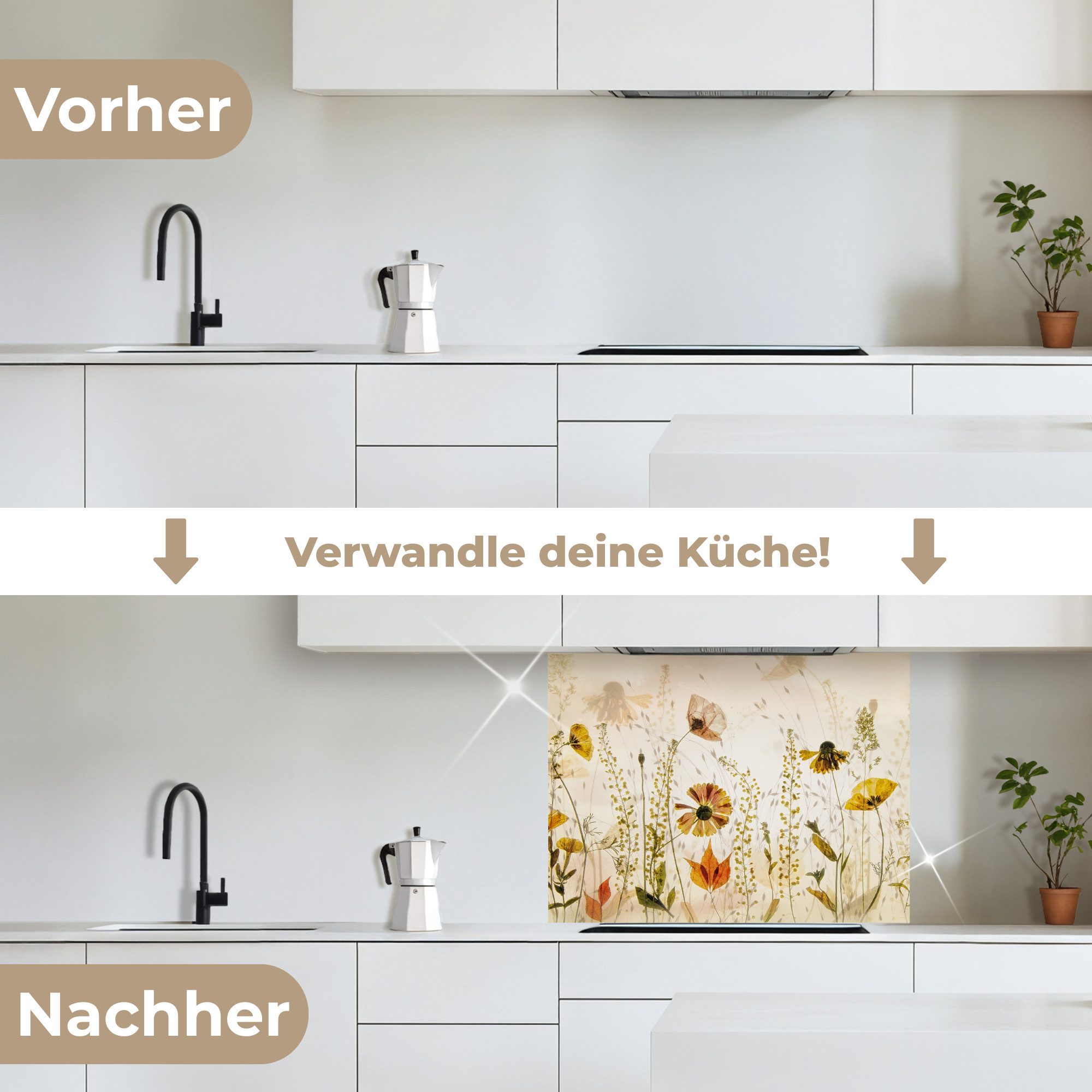 KitchenYeah Küchenrückwand selbstklebend Illustration - Pflanzen - Insekten - Beige, (1-tlg), Spritzschutz, Küche, Rückwand, Küchenwand, Küchenfront, 80x60 cm