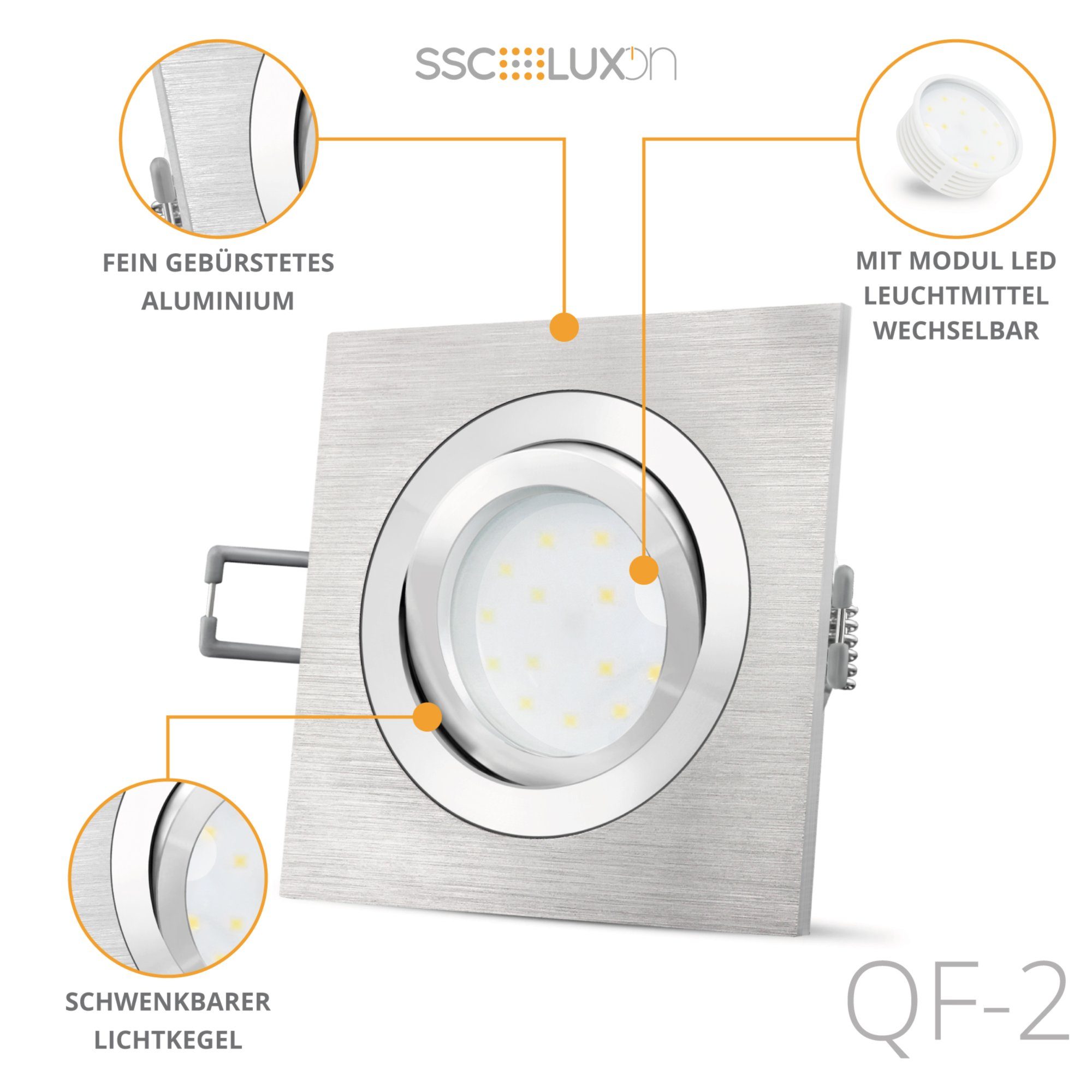 SSC-LUXon LED Einbaustrahler QF-2 Alu flach, Einbaustrahler mit & schwenkbar LED dimmbar Neutralweiß LED