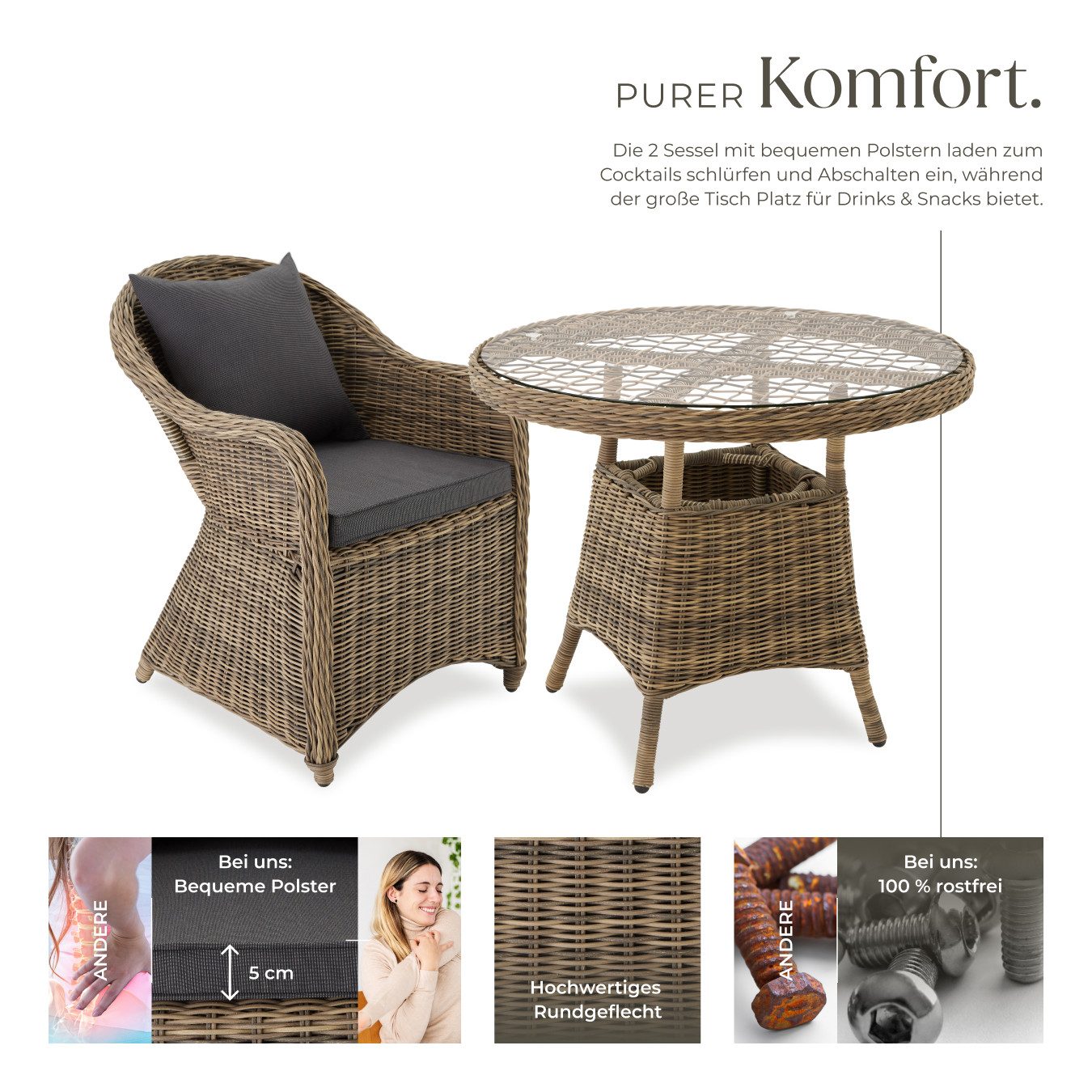 tectake Sitzgruppe Aluminium Rattan Gartenlounge für 2 Personen, Stühle vormontiert, (Loungeset Zürich, 3-tlg., für Außen in Naturfarben), wetterfest und UV-beständig, hochwertig, mit Sicherheitsglasplatte