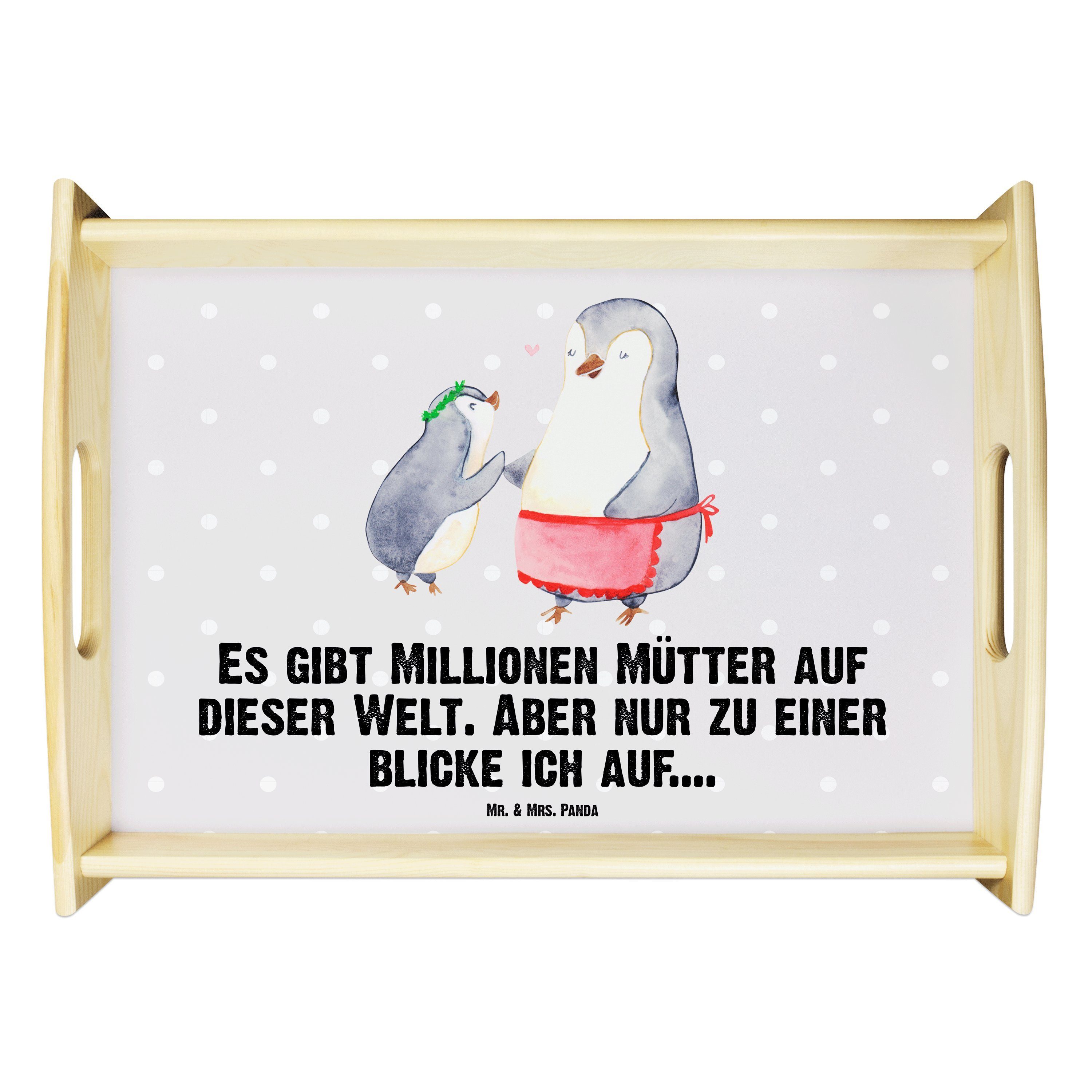 Mr. & Mrs. Panda Tablett Pinguin mit Kind - Grau Pastell - Geschenk, Mom, Mami, Muttertag, Mam, Echtholz lasiert, (1-tlg)