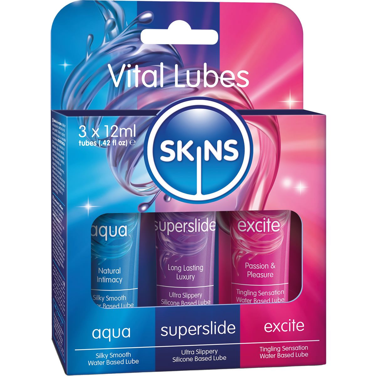 SKINS Condoms Gleitgel Vital Tubes, 3 Tuben mit je 12ml, 3-tlg., verschiedene Sorten Gleitgel im Меню