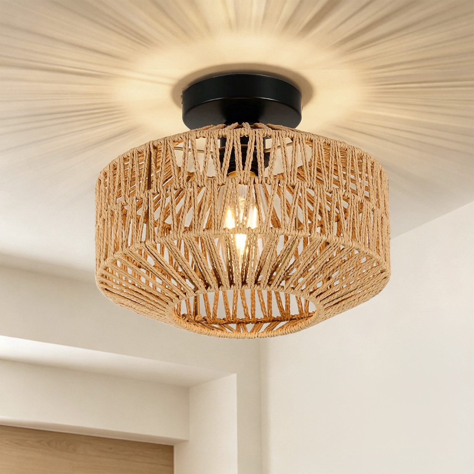 JDONG Deckenleuchte Boho Vintage mit Rattan Lampenschirm Ø30cm E27 Vintage Kronleuchter, ohne Leuchtmittel, Deckenleuchte,schlafzimmerlampe, mit Metallsockel, Rustikal Beleuchtung Dekoration für Wohnzimmer,Küche,Flur
