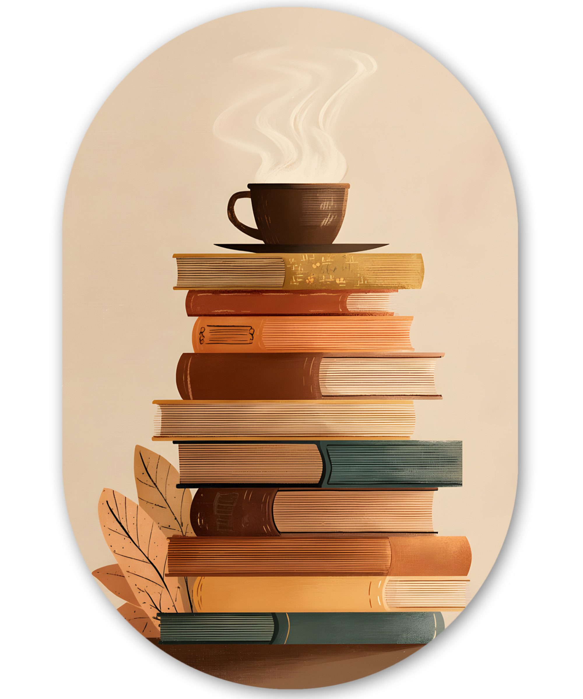 MuchoWow Gemälde Bücher - Turm - Kaffee - Beige, Fotodruck (1 St), Wandbild Oval, Wohnzimmer oder Schlafzimmer Wanddekoration, 40x60 cm