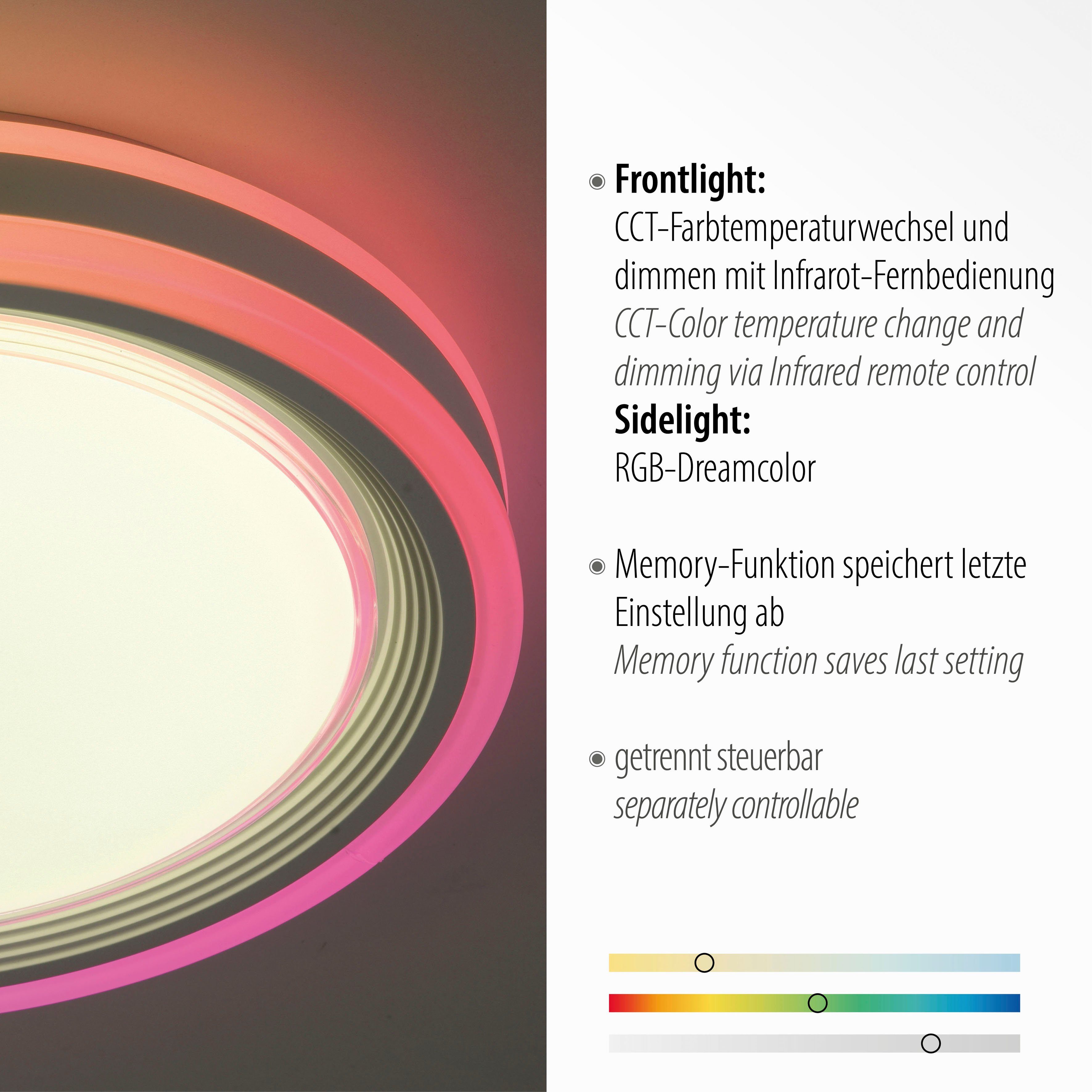 fest RGB, CCT kaltweiß, RGB-Rainbow, Fernbedienung, über - Danna, Farbsteuerung, getrennt schaltbar, CCT - dimmbar Dimmer, Infrarot home Dimmfunktion, über Fernbedienung integriert, my inkl., Fernbedienung, warmweiß mit Fernbedienung, 2700-6000K, LED Deckenleuchten Farbwechsel, Memoryfunktion, Deckenlampe