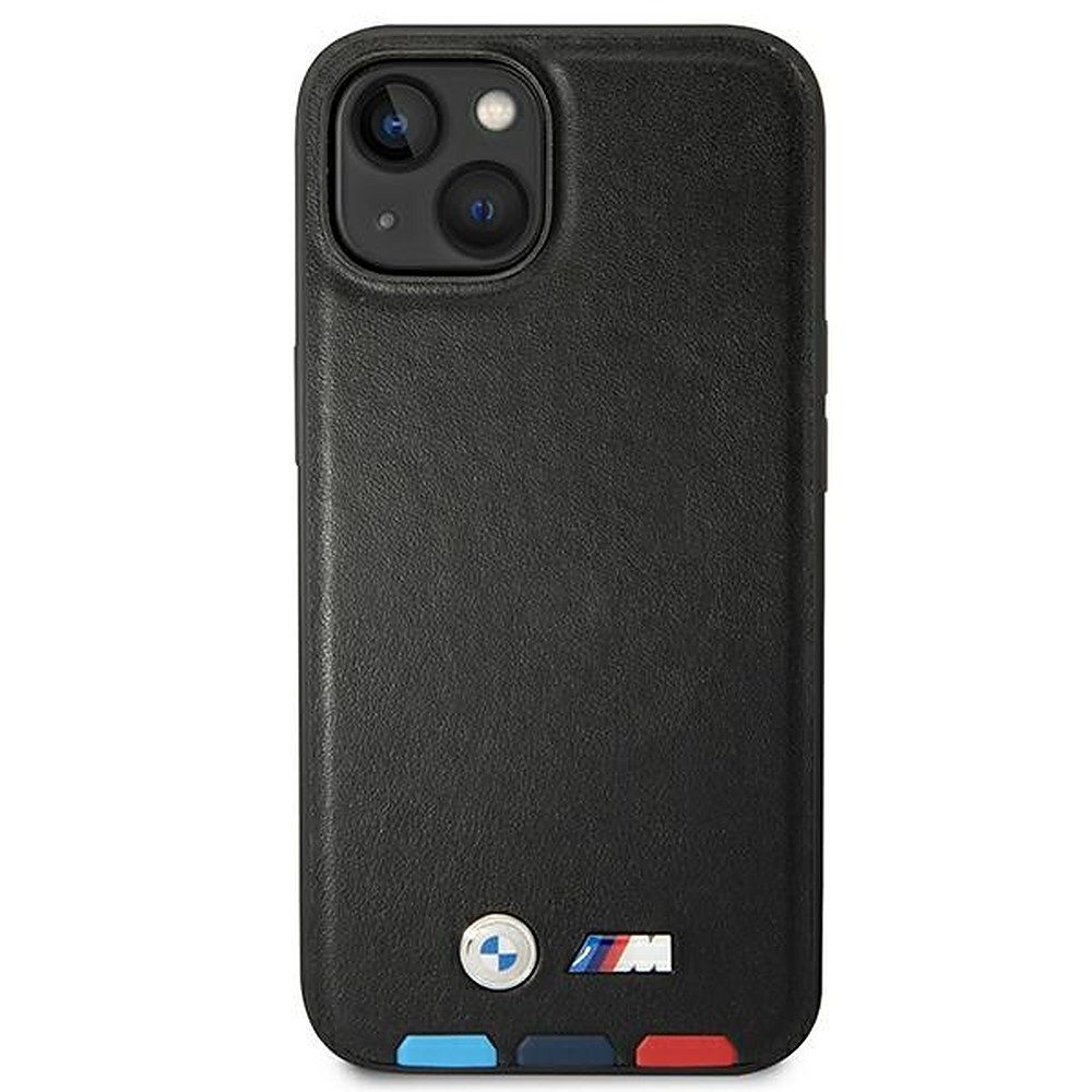BMW Handyhülle Schutzhülle Lederschale Rückschale 6,1 Zoll, MagSafe, Echtleder, Tricolor-Dekor, Metall-Logo