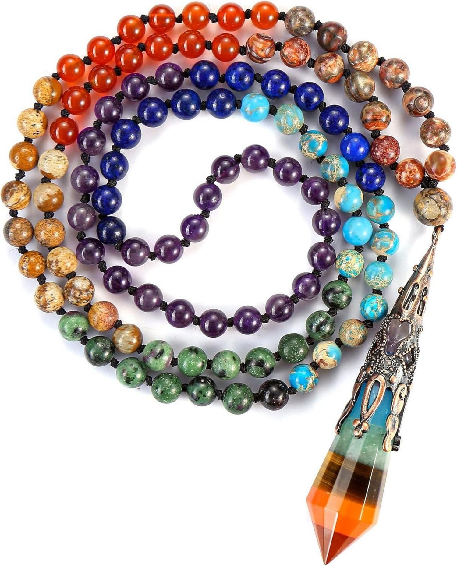 Edelstein Perlen Mala Kette 7 Chakra Heilstein Anhänger Halskette