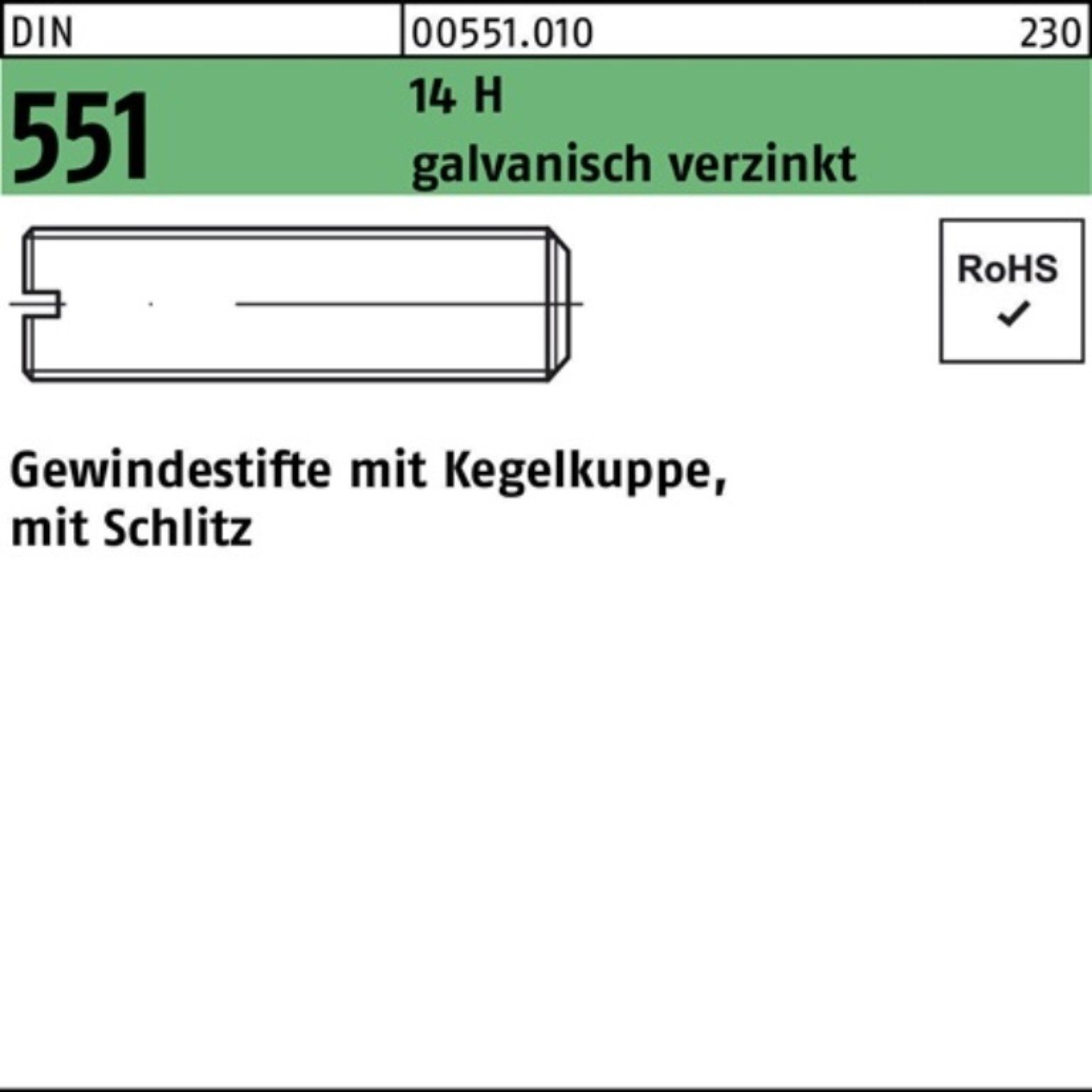 Reyher Gewindebolzen Pack H 551 Gewindestift 14 Kegelkuppe/Schlitz M6x10 galv.ver DIN 200er