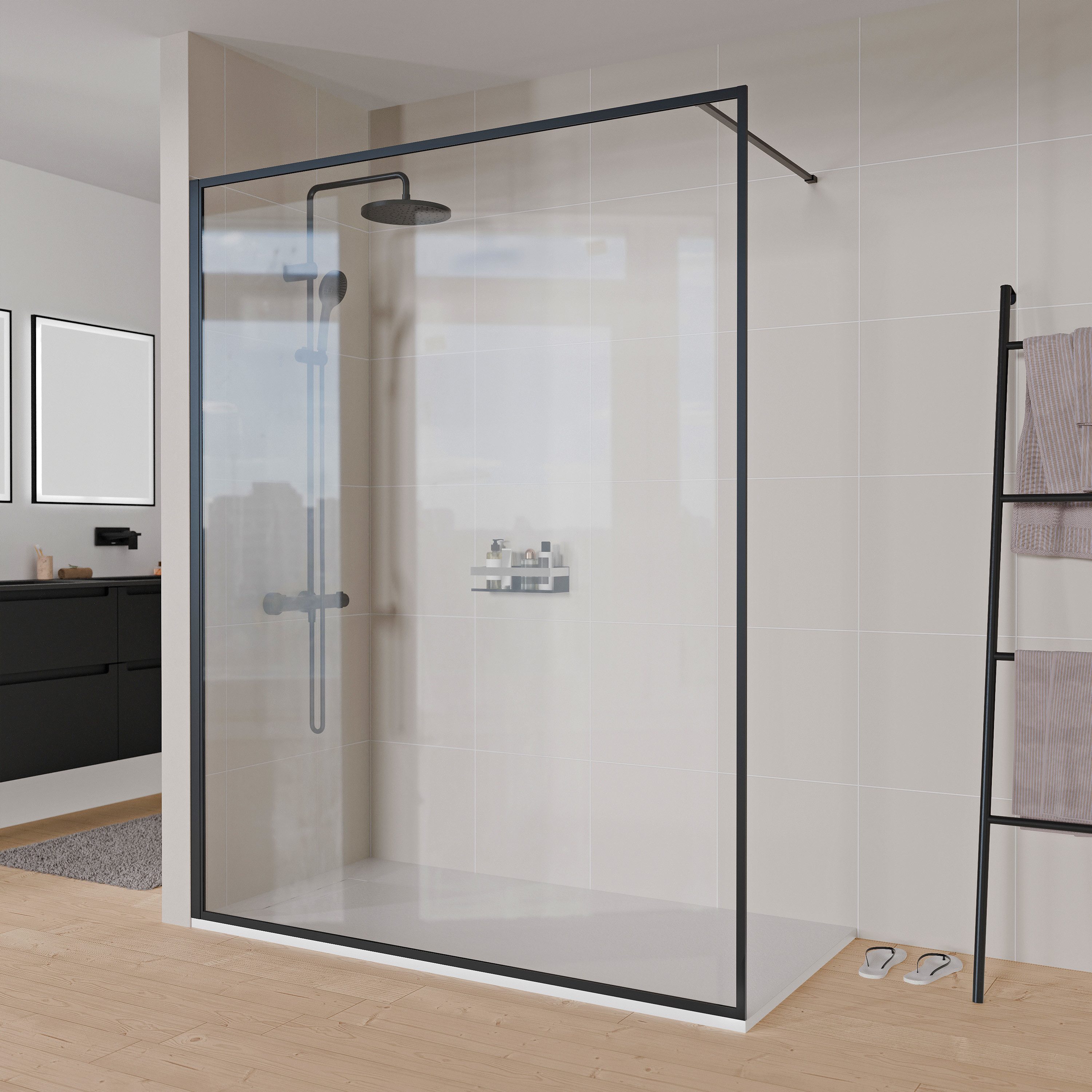 Bernstein Walk-in-Dusche FRAME 140x220 cm Klarglas Schwarz matt, ESG-Sicherheitsglas, Walk-In Duschwand vollgerahmt Aluminium