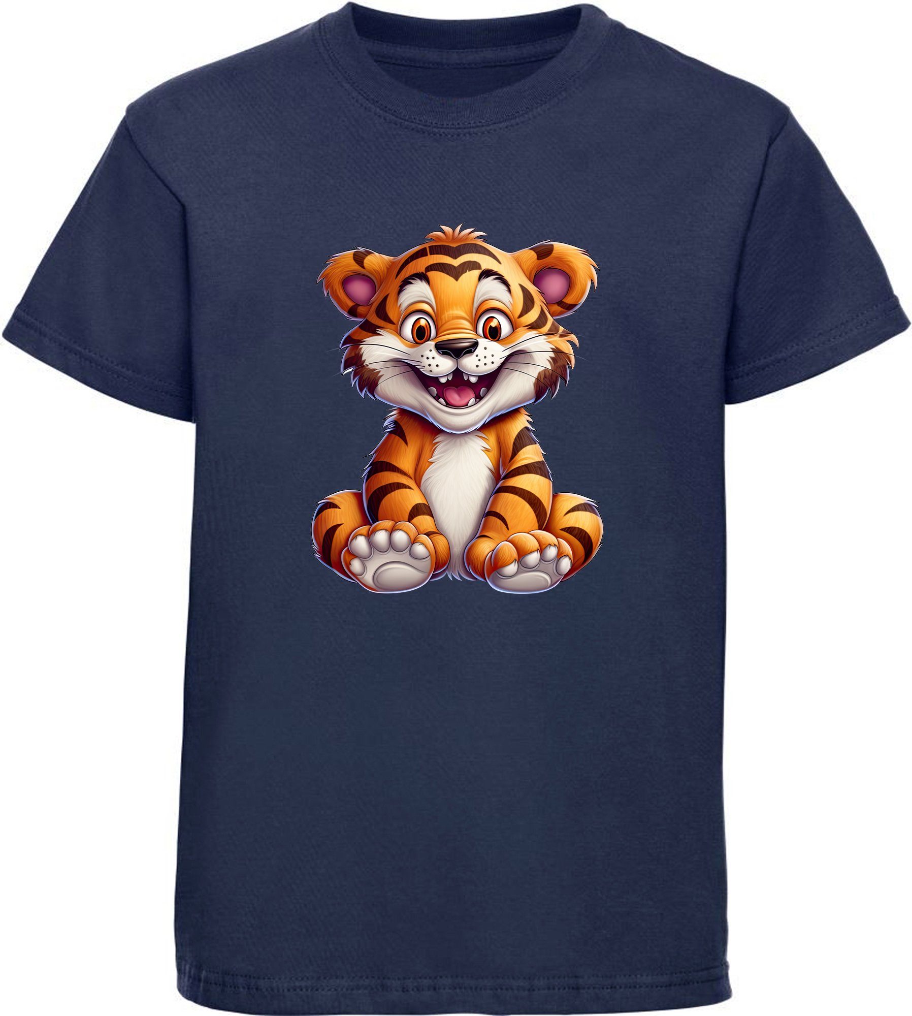 MyDesign24 T-Shirt i278 Aufdruck, mit Print blau Kinder Baby navy - Baumwollshirt Tiger bedruckt Wildtier Shirt