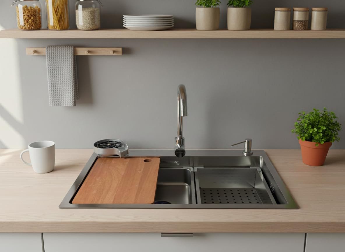 Edelstahlspüle Quantum Silber Edelstahlspüle 75x45 cm – Küchenspüle mit Zubehör