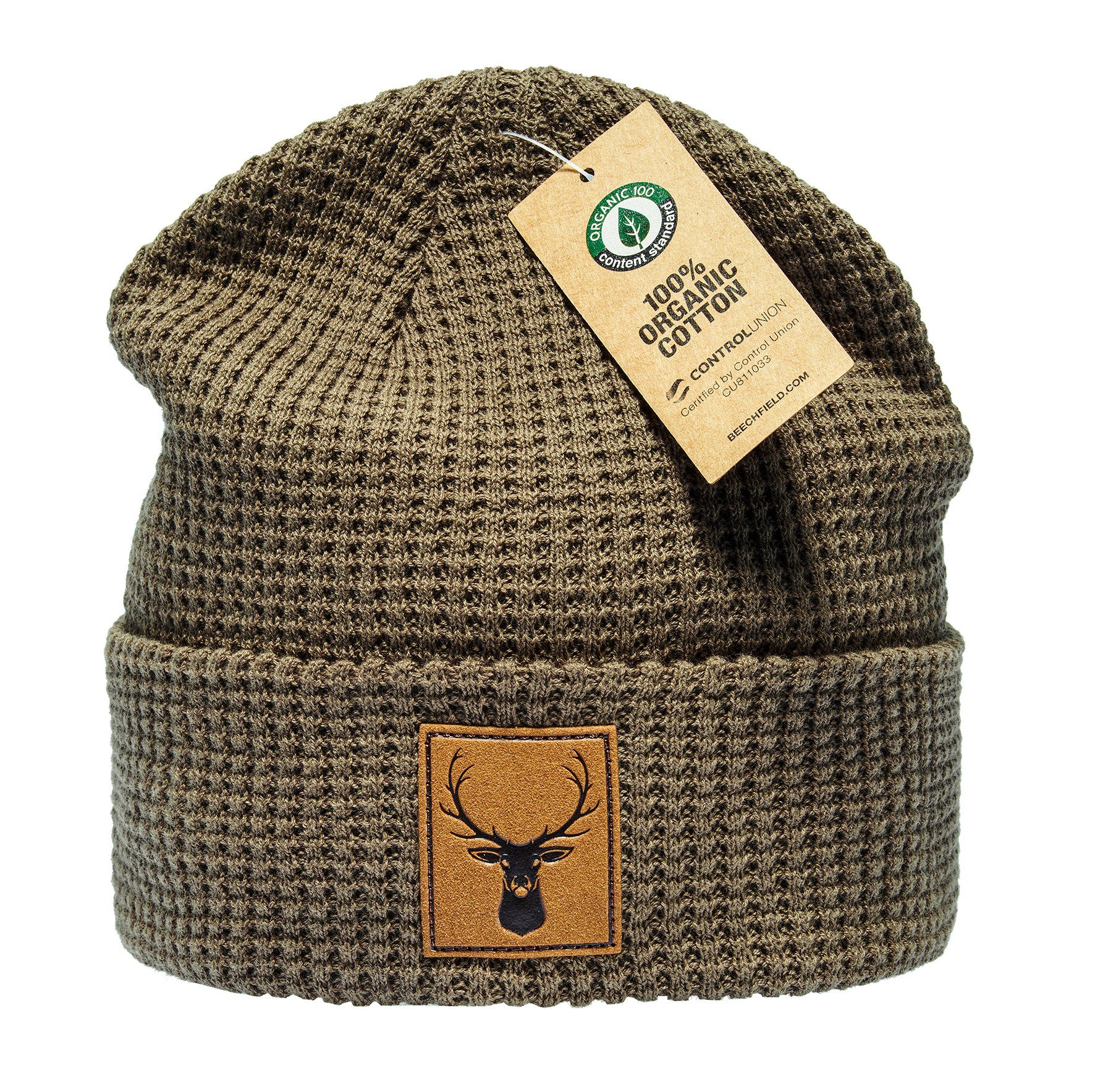 Baddery Beanie Organic Cotton Strickmütze: "Hirsch" mit Leder-Patch - Bio Baumwolle, hochwertiger Strick, 100% Bio-Baumwolle, Kunstleder-Patch, One Size