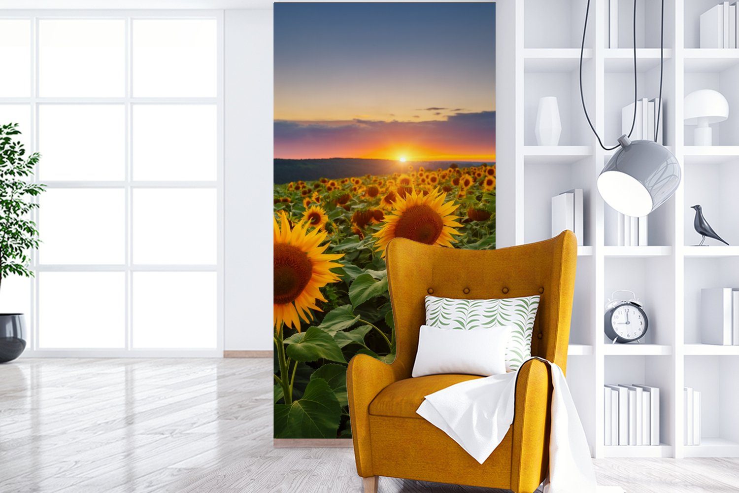 Schlafzimmer Nacht Matt, St), (2 - Fototapete bedruckt, Fototapete Blumen für Vliestapete Wohnzimmer Sonnenuntergang - - Sonnenblume MuchoWow Horizont, Küche, -