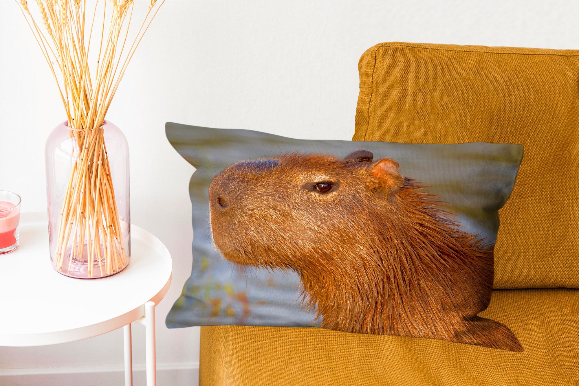 Zierkissen, Dekoration, Nahaufnahme Eine Capybaras, Dekokissen mit Dekokissen Schlafzimmer MuchoWow eines Füllung, des Kopfes Wohzimmer