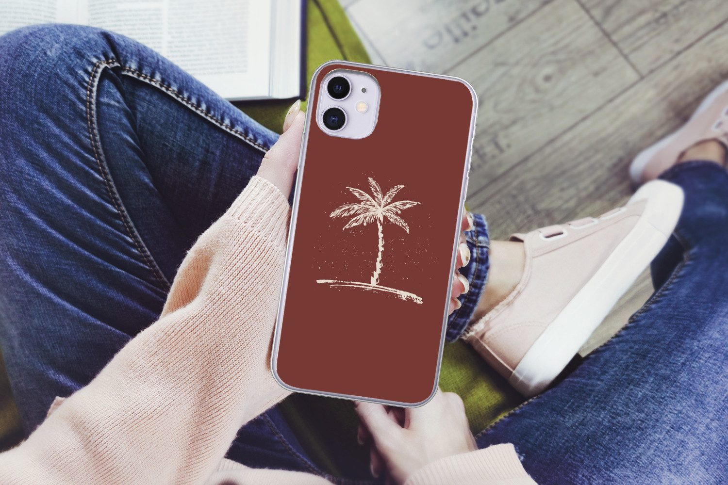 MuchoWow Handyhülle für Apple iPhone 11 Palme - Beige - Rot - Tropisch, Smartphone-Bumper, Print, Handy Schutzhülle Dünn