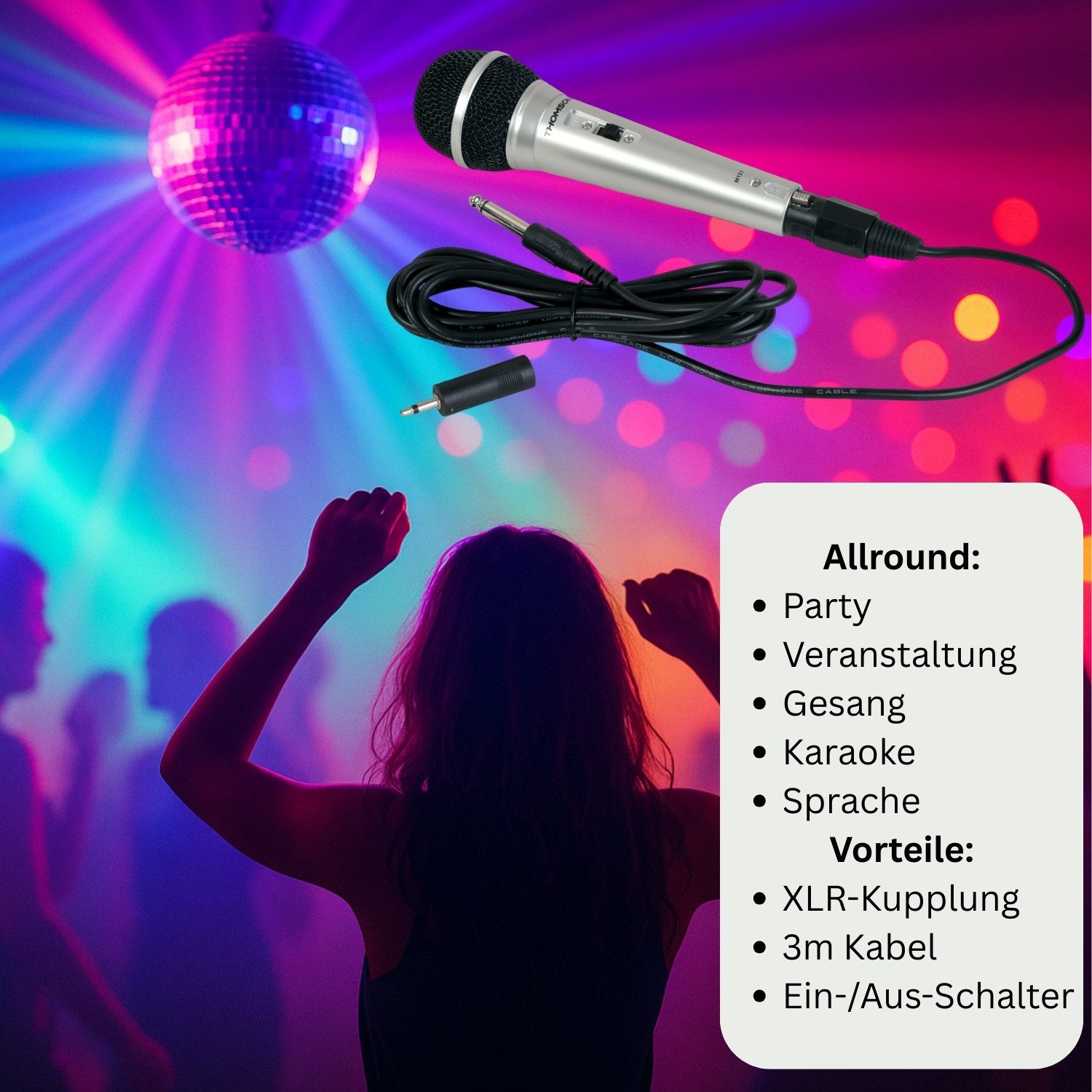 Thomson Mikrofon Dynamisches Mikrofon M151 kabelgebunden Silber (Set), 3m Kabel Party Veranstaltung DJ Mix Karaoke XLR 3,5mm 6,35mm Stecker