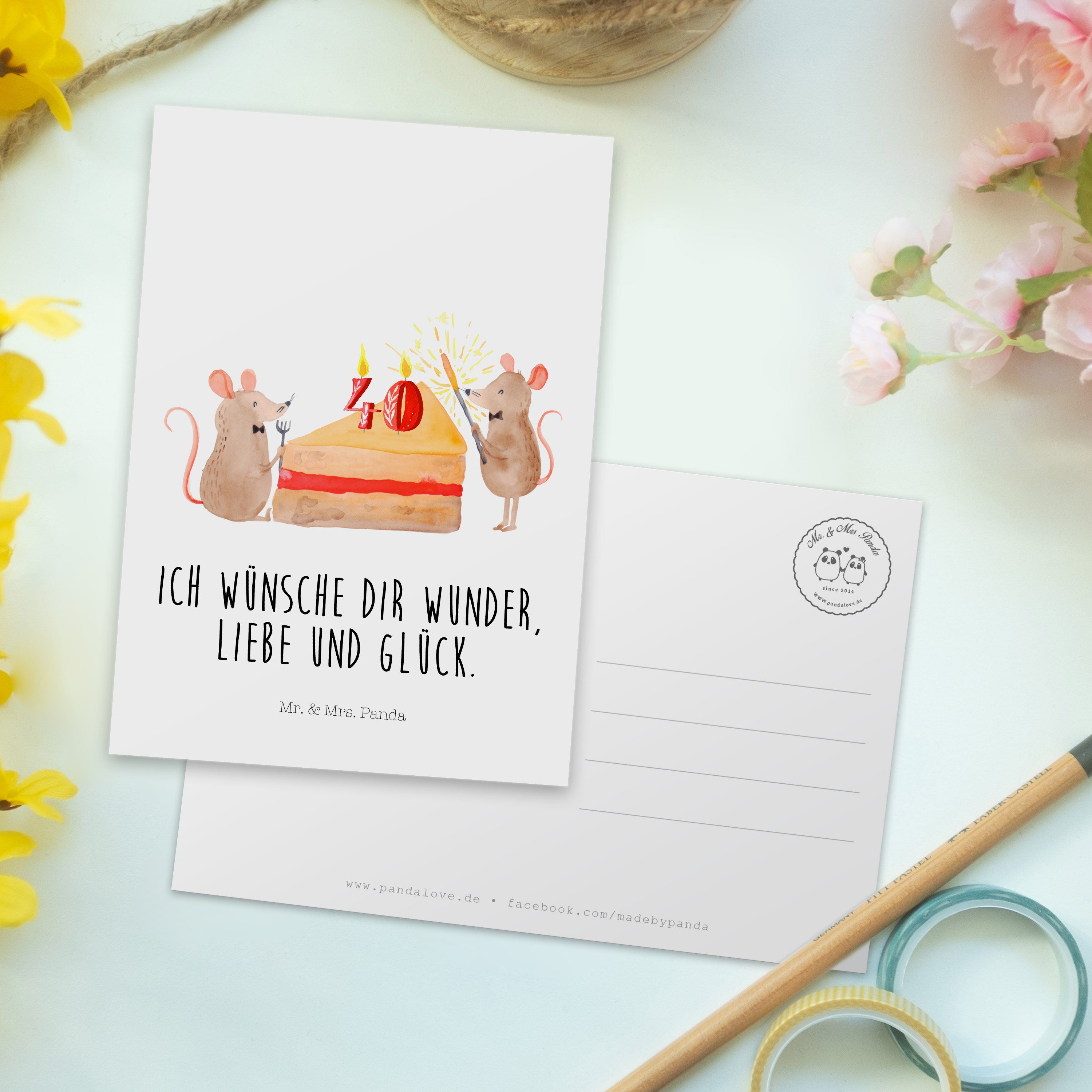 Mäuse Geburtsta Tortenstück, Geschenk, Kuchen - Geburtstag Postkarte Weiß 40. Mr. - Panda & Mrs.