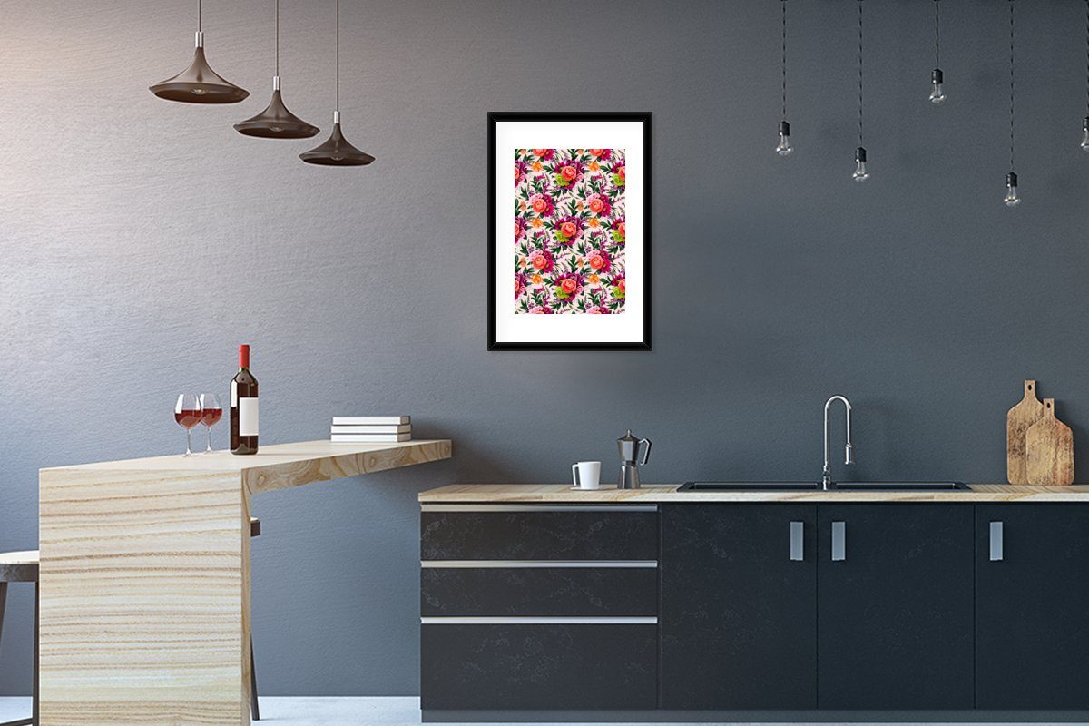 MuchoWow Poster Blumen - Farben - Muster, (1 St), mit Rahmen, Kunstdruck, Gerahmtes Poster, Schwarzem Bilderrahmen