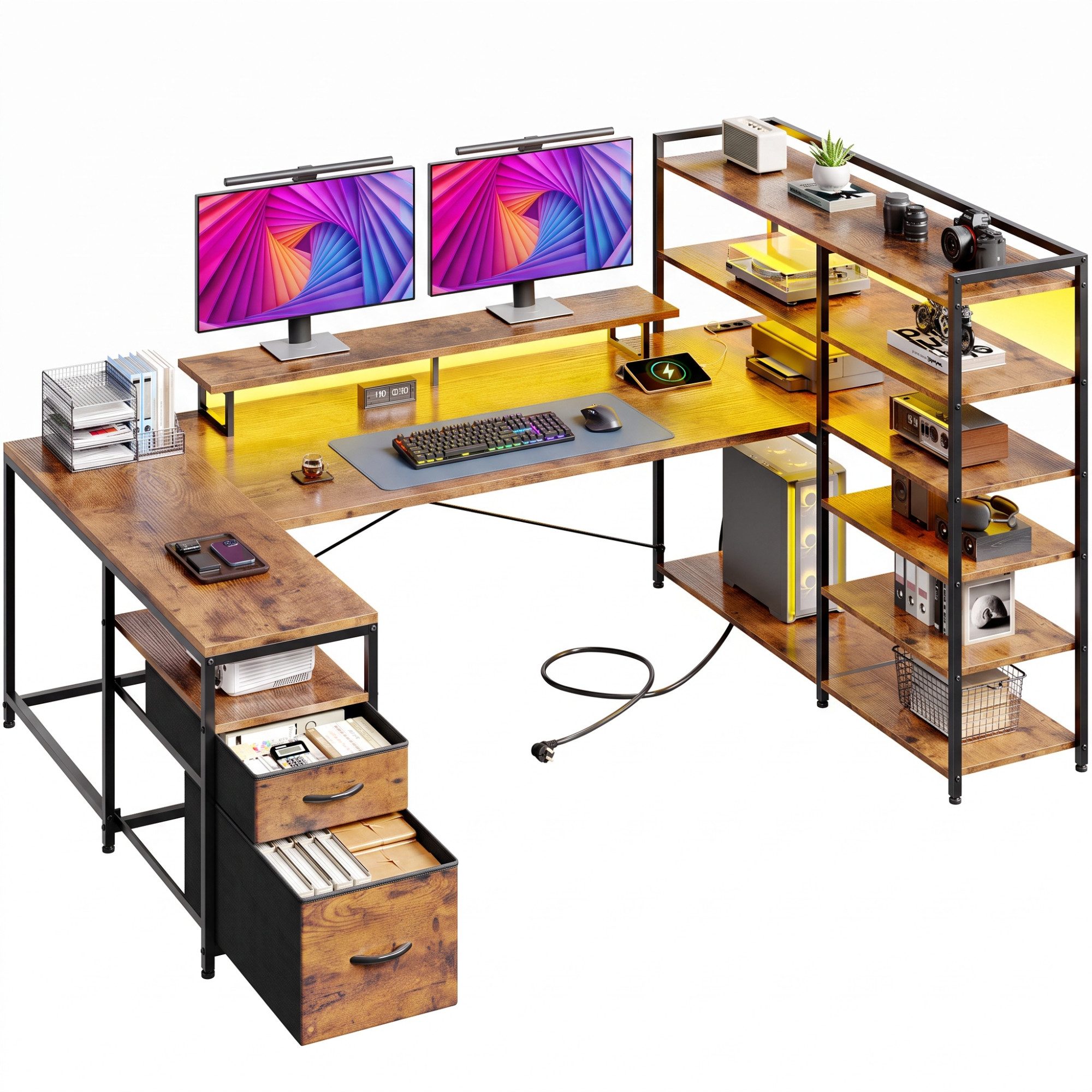 Klyvvo Eckschreibtisch 160 × 100 cm U Form Gaming Tisch mit LED für Gaming, Homeoffice (1-St., Umkehrbar Eckschreibtisch mit 2 Schubladen, 6 Bücherrega), Monitorhalterung, USB-Ladeanschluss und Steckdose, Retro-Braun