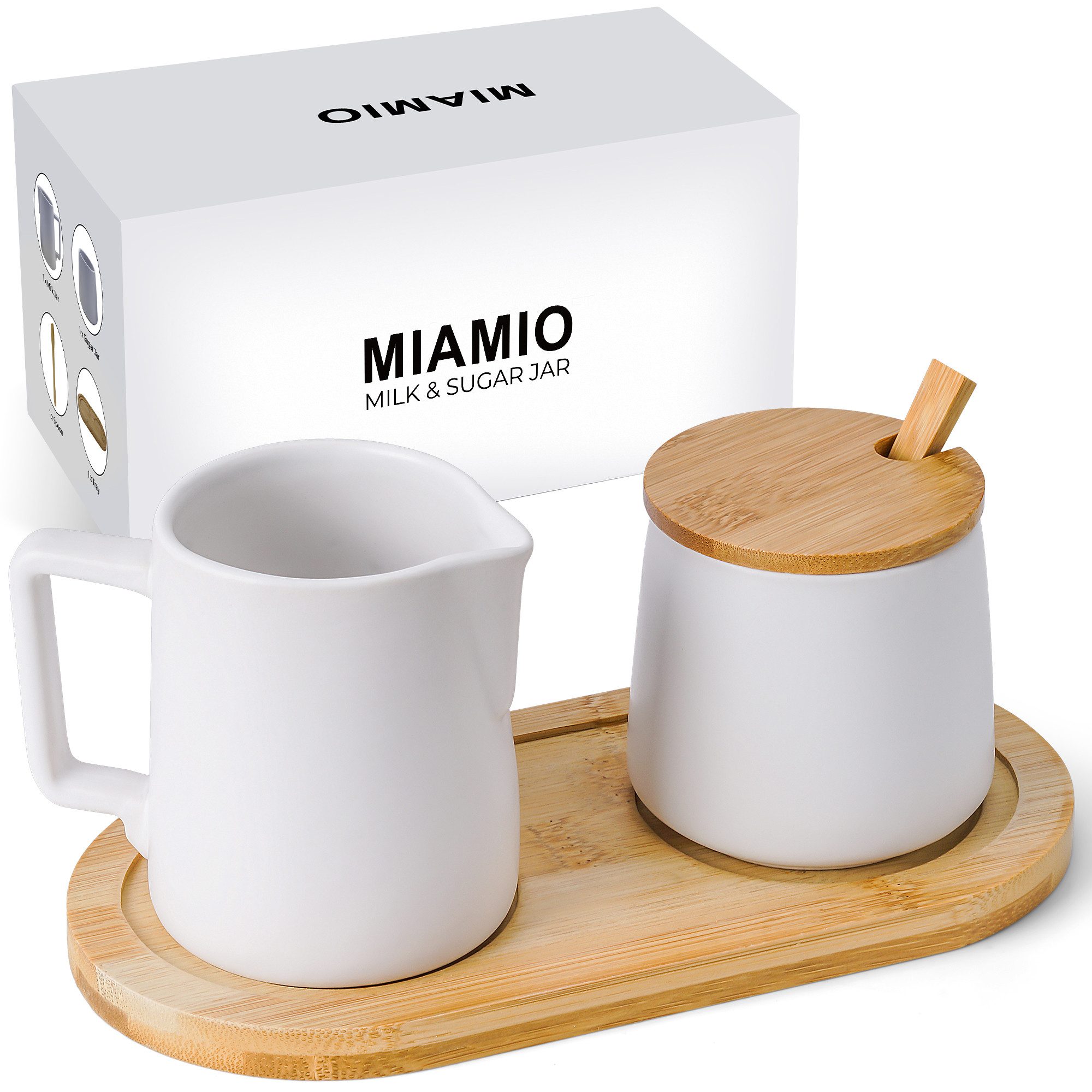 MiaMio Milch- und Zuckerset mit Bambustablett, Deckel und Löffel, Weiß (5-tlg), Keramik, Zuckerdose 200 ml, Milchkännchen 240 ml, mit Bambustablett