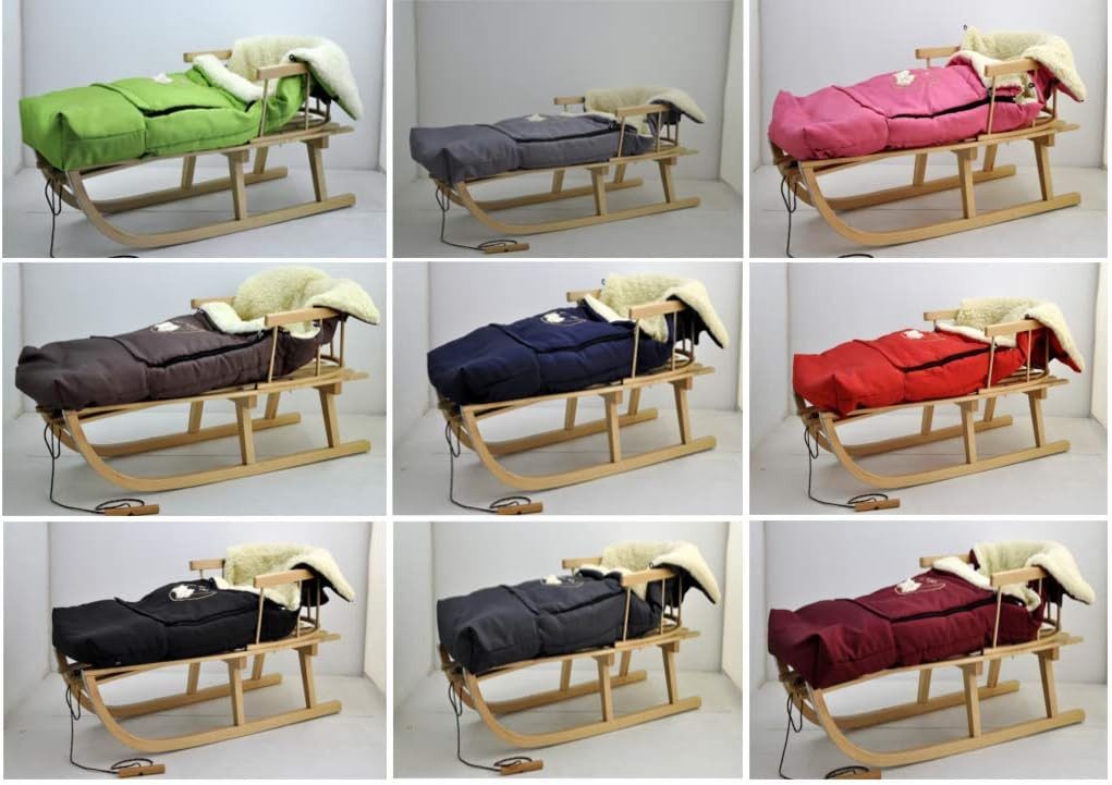 GOLDKIDS Rodel Holzschlitten Kinderschlitten aus Buchenholz (Rückenlehne inkl. Zugseil + Winterfußsack, Schlittensack Fußsack mit), Reißverschluss 40/110 cm Schlitten Metallkufen