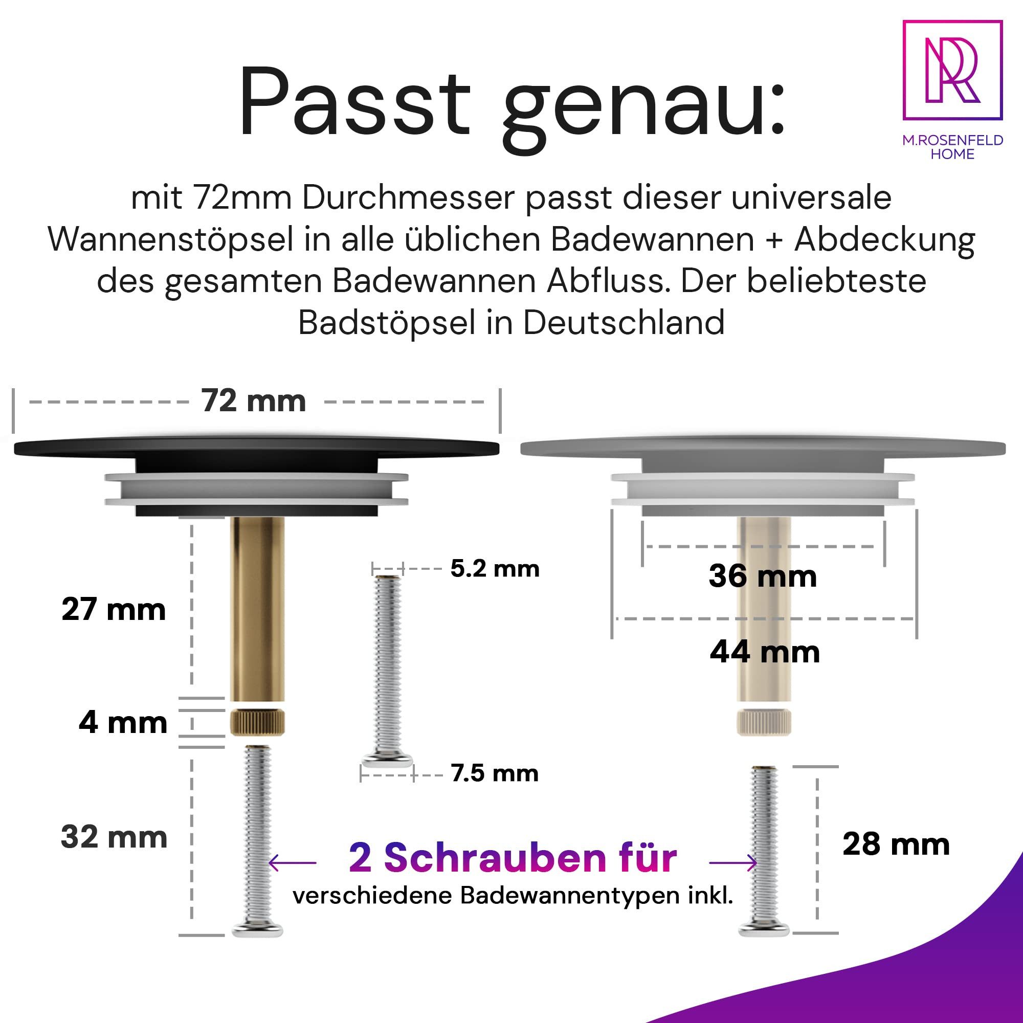 M. Rosenfeld Badewannenstöpsel Ø 72 - Matt Schwarz Stöpsel Badewanne aus Messing, Rostfrei Badewannen Stöpsel