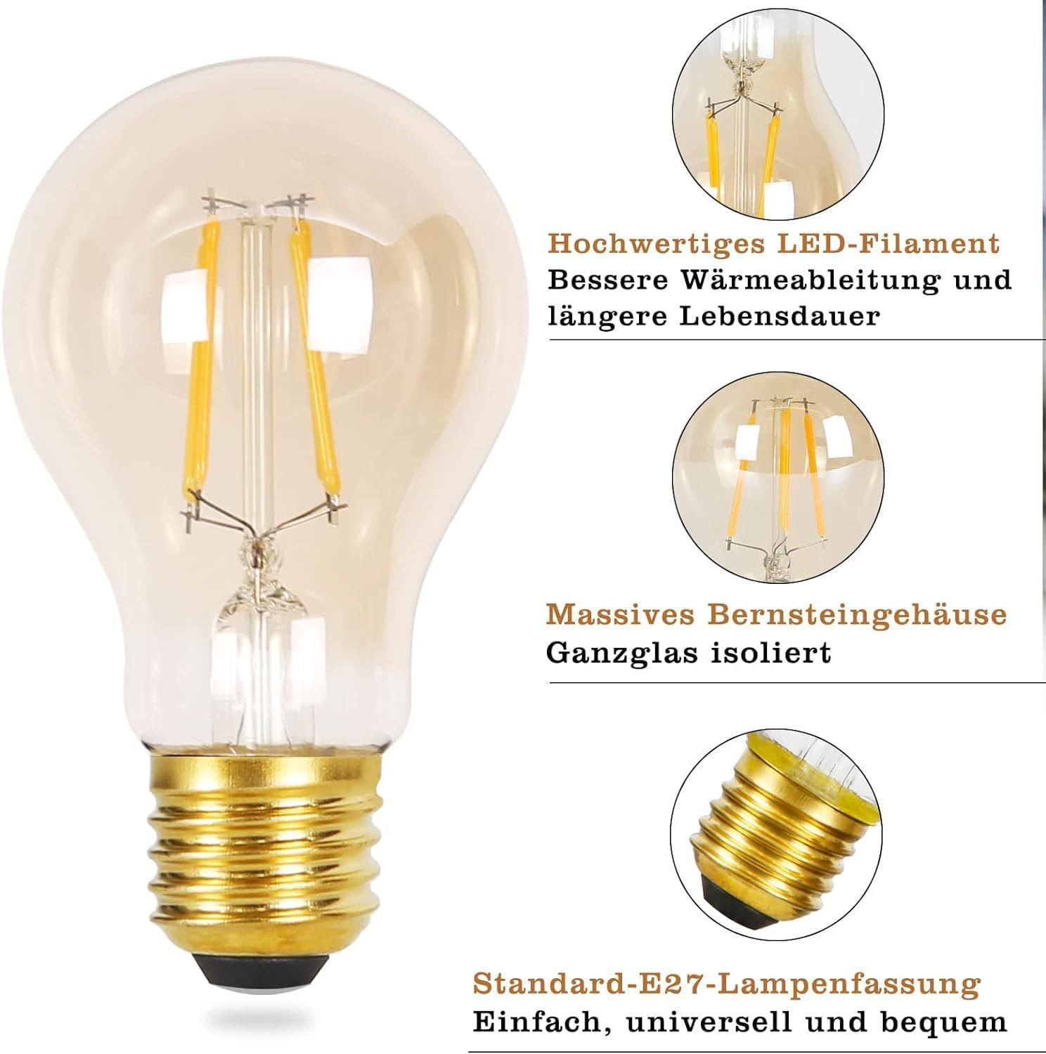 Nettlife LED-Leuchtmittel E27 Vintage A60 Glühbirne 4W 2700K Edison Energiesparlampe, E27, 6 St., Warmweiß, für Haus Hotel Bar Café – Bild 3 von 5