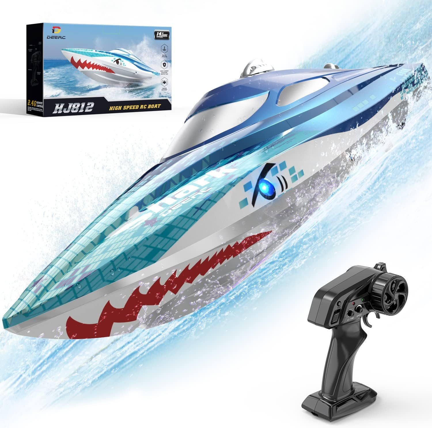 DEERC RC-Boot mit LED, 20+ km/h, 2,4 GHz, ferngesteuert (1-tlg), RC Haiboot, Poolspielzeug ab 8 Jahren