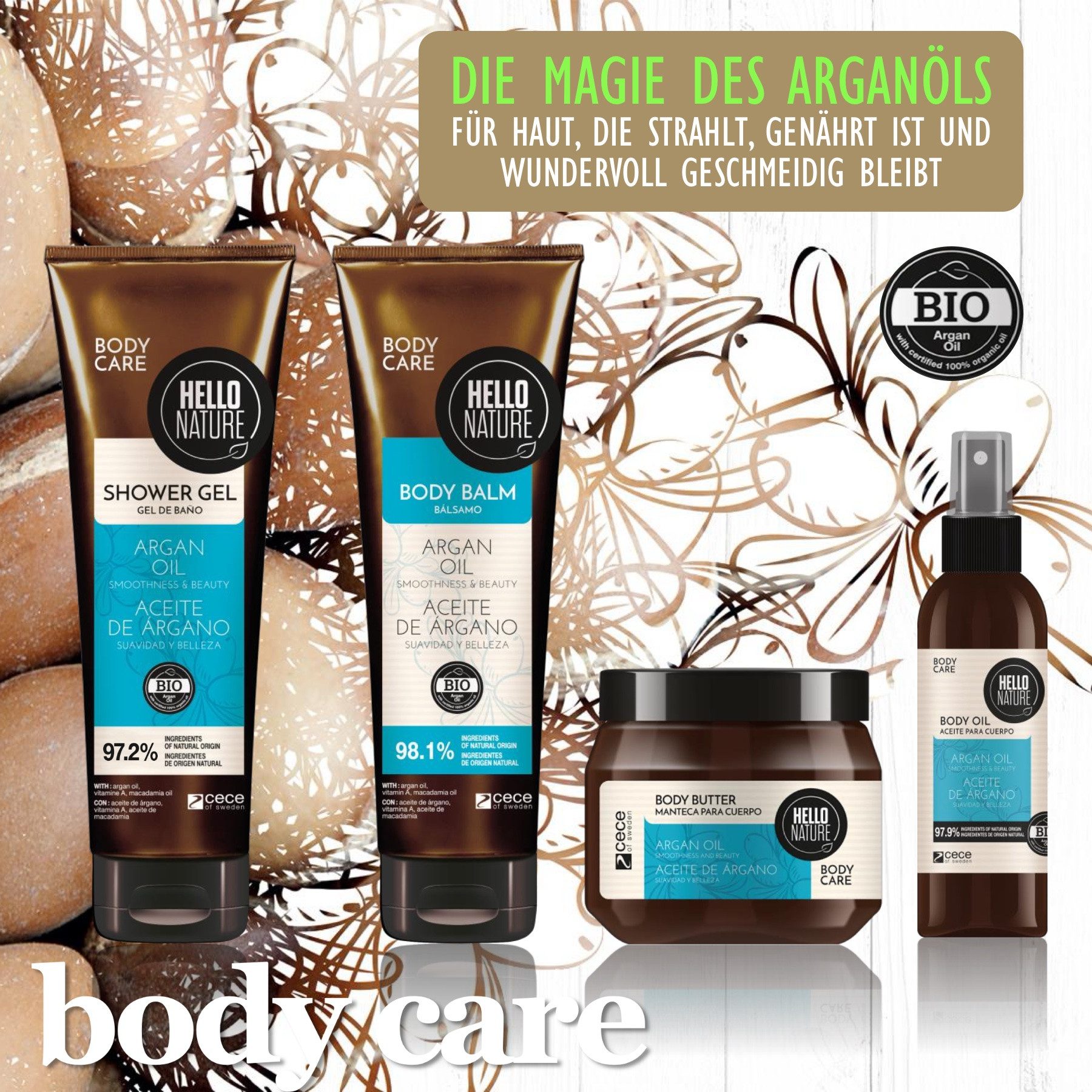 Hello Nature Hautpflege-Set Körperpflege Set Arganöl Duschgel Body Butter Balm Körperöl, Hautpflegeset, Körperpflege, Gesichtspflege, Hello Nature