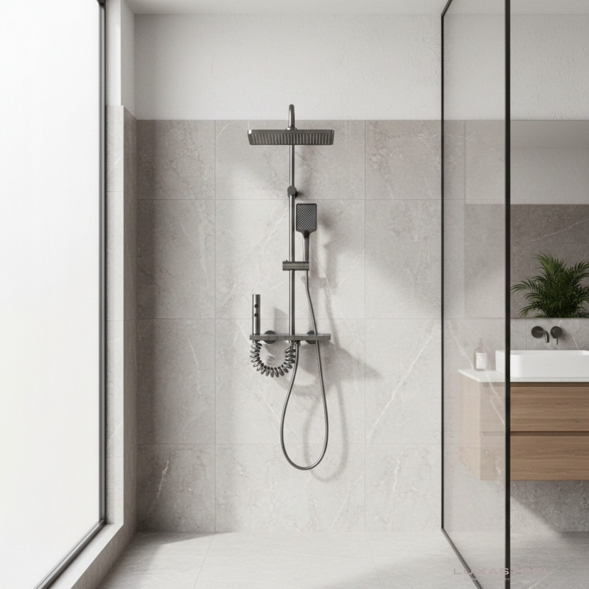 LuxaSteel Duscharmatur Thermostat Duscharmatur Komplettset mit Regendusche, Duschsystem (Komplettset, Armatur mit Thermostat) Duscharmatur mit LED-Beleuchtung & Display, 2 Handbrausen