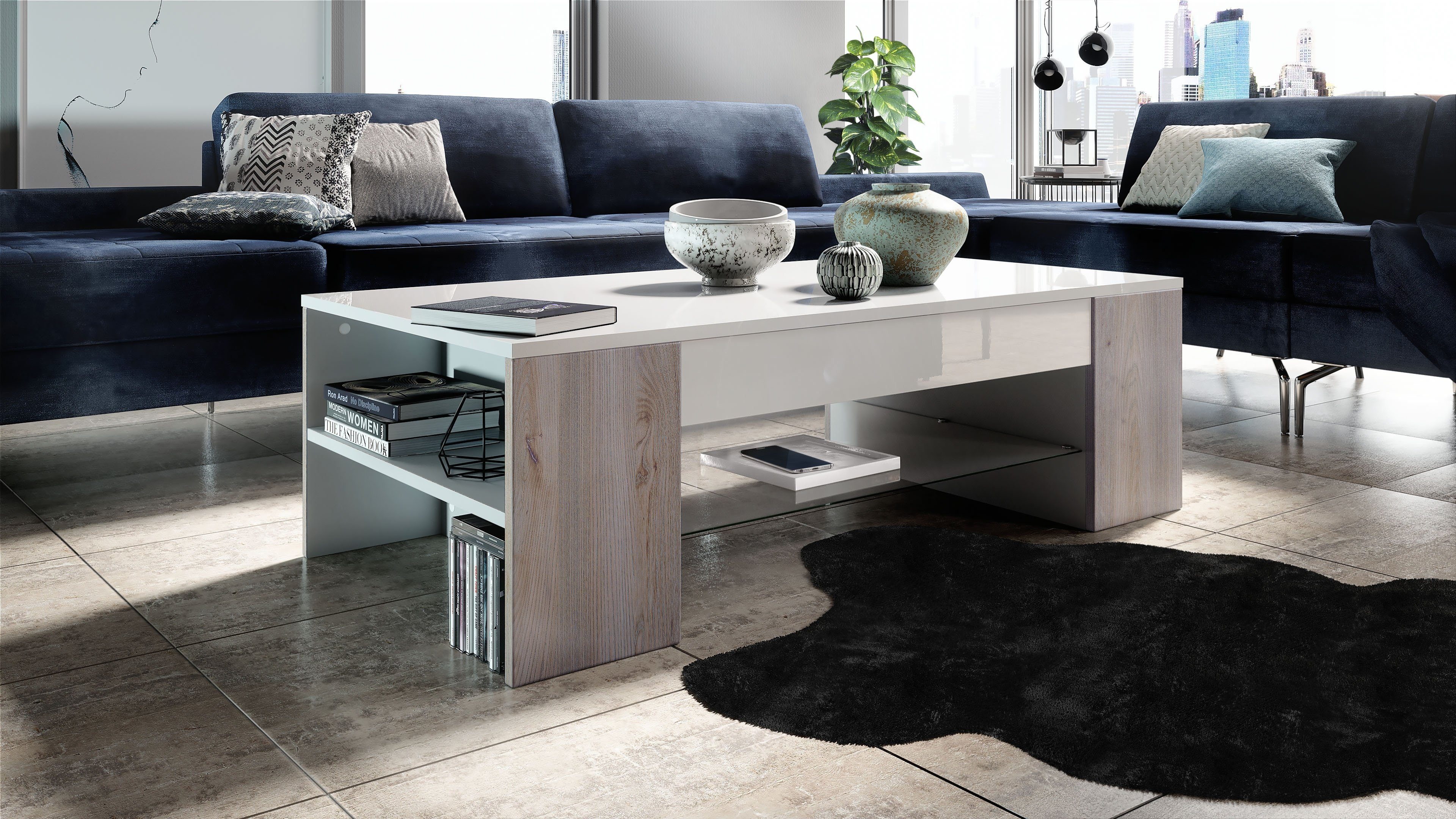 Vladon Couchtisch Clip (Wohnzimmertisch, mit 2 Seitenfächern und 1 Glasplatte), Weiß matt/ Eiche Nordic (118 x 37 x 60 cm)
