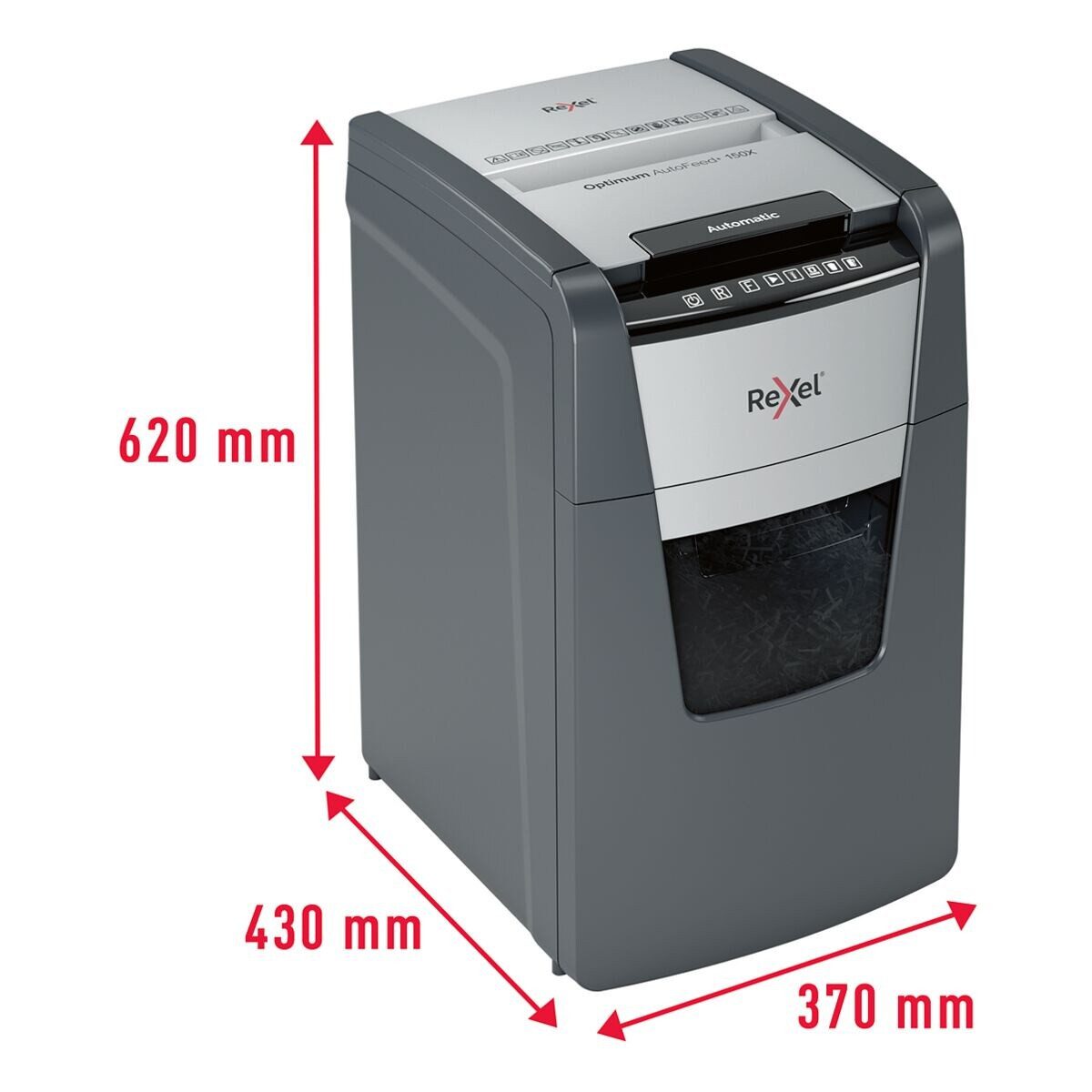 REXEL Aktenvernichter Optimum AutoFeed+ 150X, Partikelschnitt 4x28 mm, Einzelblatt-Einzug / Autofeed, 44 Liter