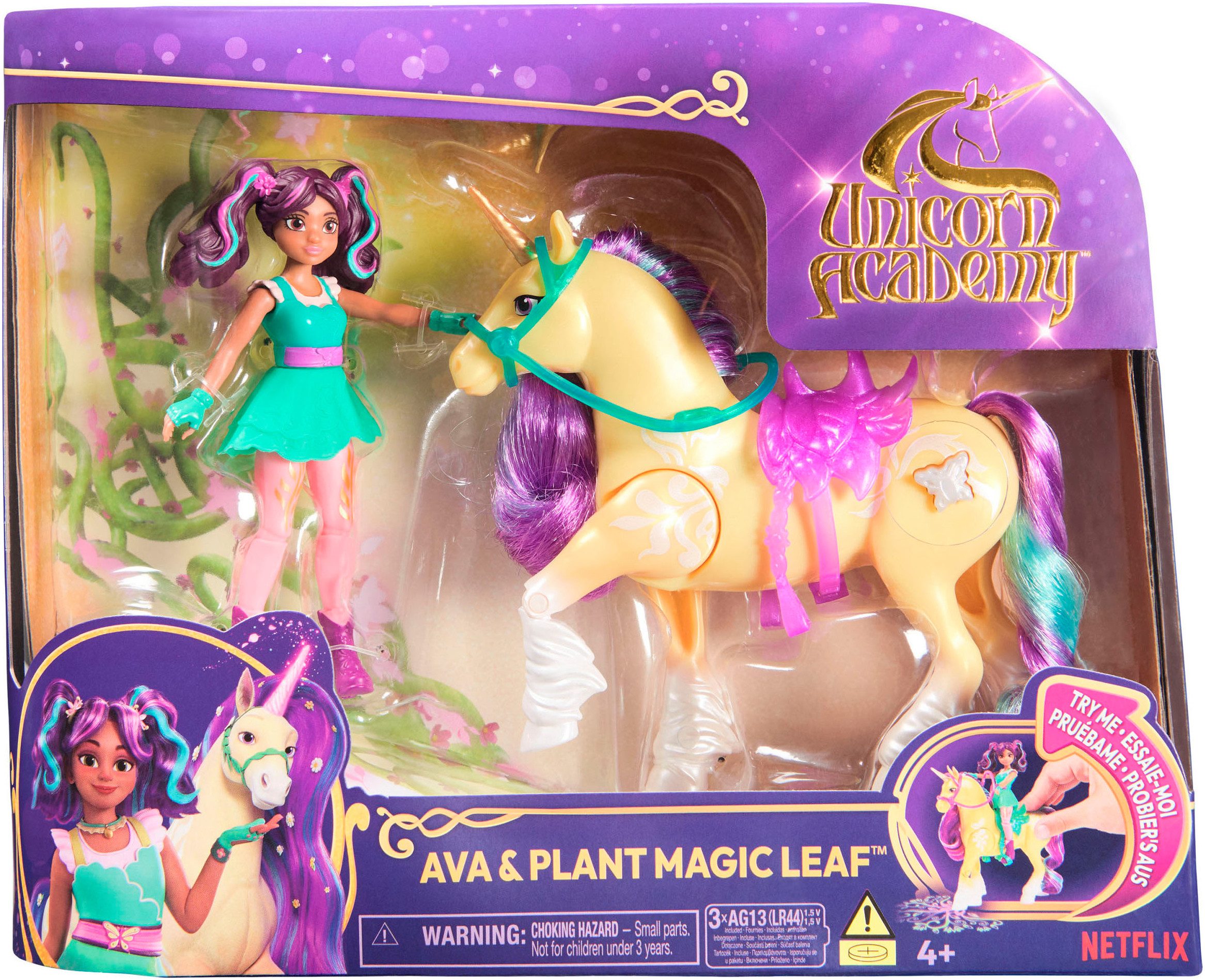 Spin Master Anziehpuppe Unicorn Academy - Ava & Pflanzen-Magie Leaf, mit echter Mähne und Leuchteffektt