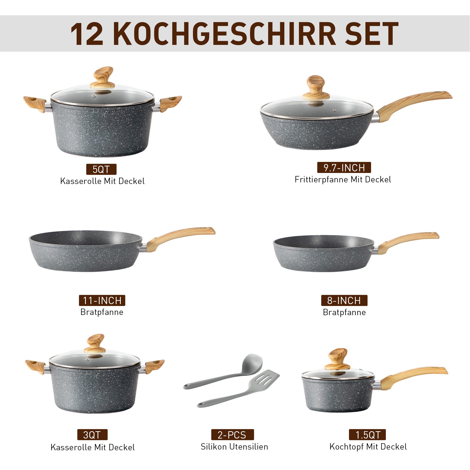 Kitchen Academy Topf-Set, Aluminium, Granit (12-tlg, Pfanne 20cm/28cm, Bratpfanne mit Deckel 24cm, Stielkasserolle mit Deckel 17cm/20cm/24cm, 2 Silikonspatel), Induktion Töpfe Set 12-teilige Granit Kochtöpfe Set