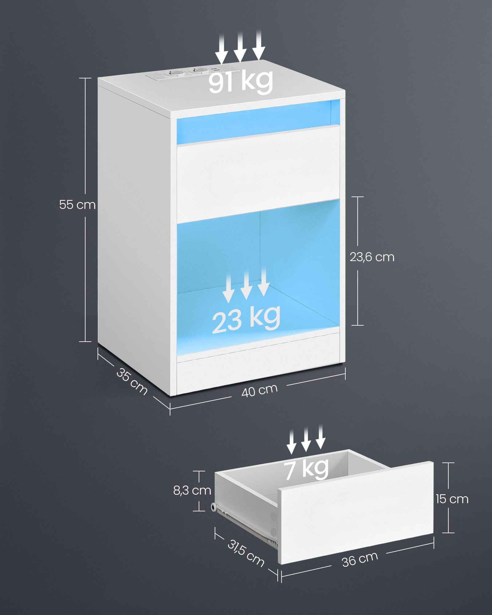 VASAGLE Nachttisch (1-St), mit einstellbarer LED-Beleuchtung, Beistelltisch mit Steckdosen