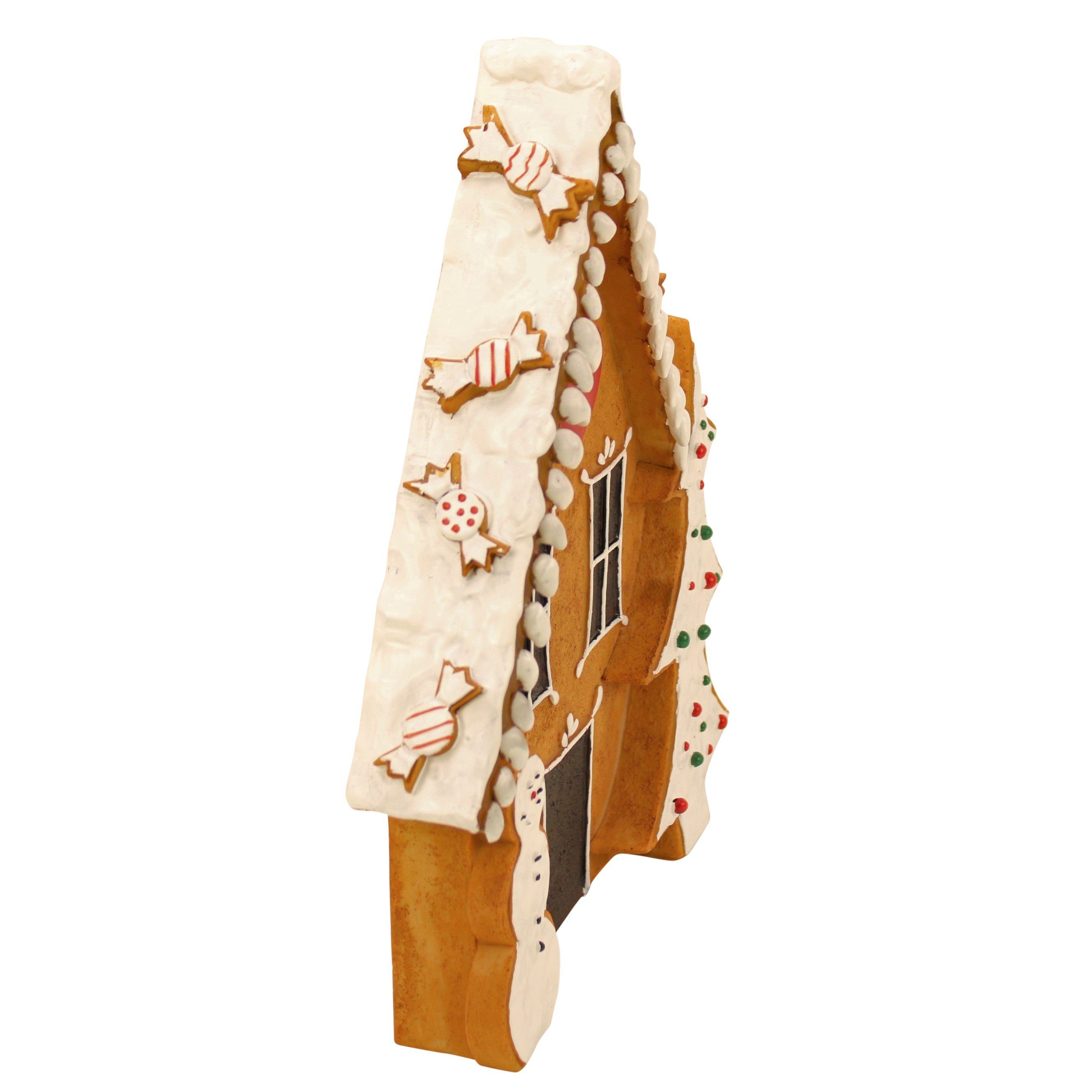 Online-Fuchs Weihnachtsfigur Süßes Lebkuchenhaus als Weihnachtsdeko (Lebkuchenfigur, mit Schneemann und Tannenbaum), für den Innen- und Außenbereich geeignet