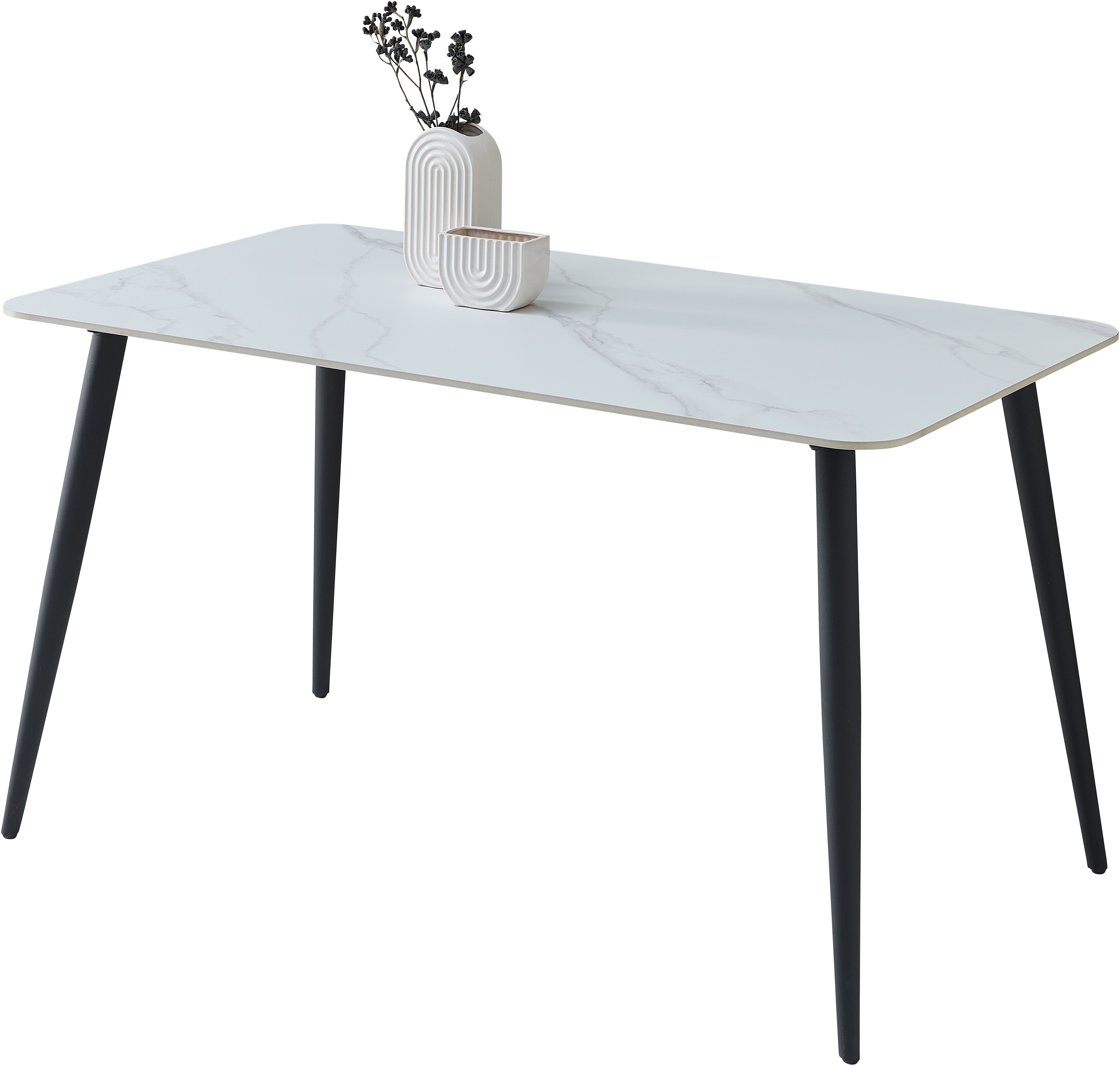Stolkom Sp.z.o.o. Esstisch Cody Esszimmertisch Keramik, Weiß marmoriert, BxHxT 140x76x80 cm, Keramikoberfläche weiß marmoriert, 4-Fuß Gestell Schwarz matt