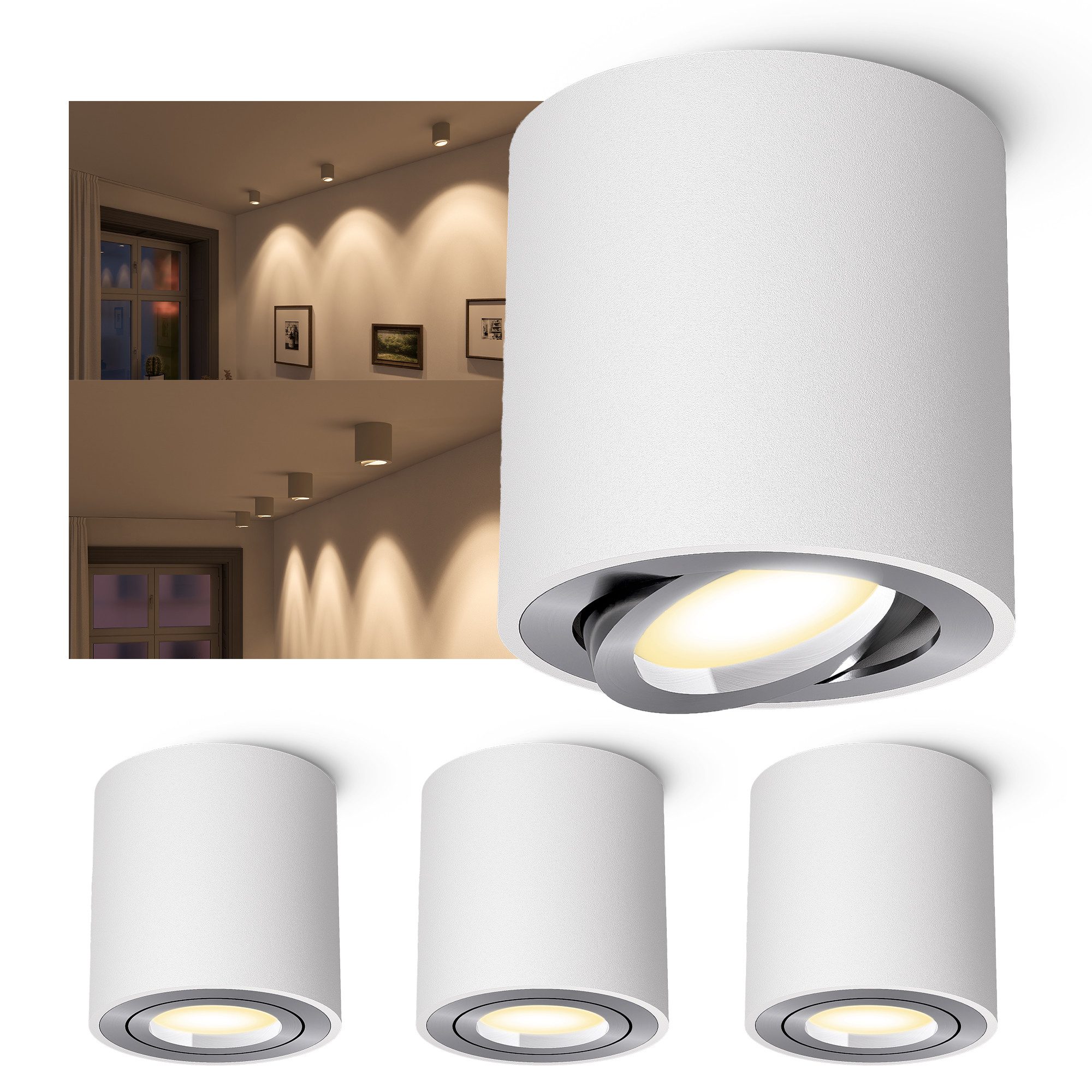 linovum LED Aufbaustrahler Aufputzleuchte dimmbar weiss silber schwenkbar LED GU10 drei Lichtmodi, Neutralweiß, Warmweiß, Tageslichtweiß