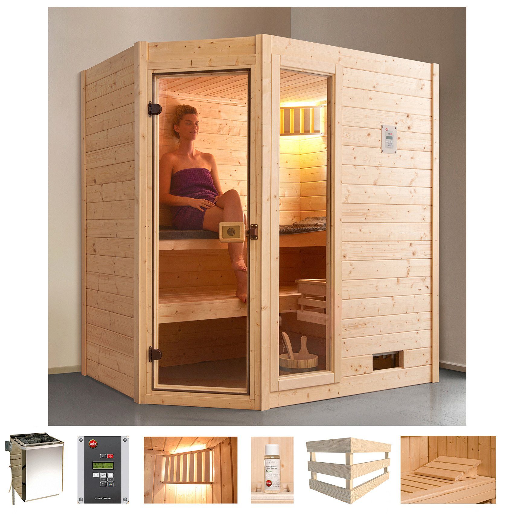 weka Sauna Valida Eck 1, BxTxH: 189 x 139 x 203,5 cm, 38 mm, 4,5 kW Bio-Kombiofen mit ext. Strg., Fenster