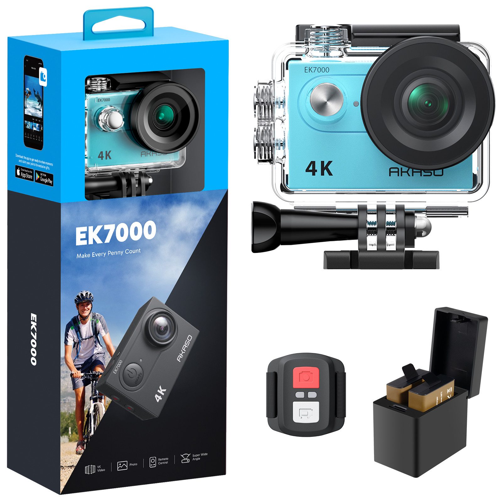 Akaso EK7000 Action Cam (4K Ultra HD, WLAN (Wi-Fi), 40M wasserdicht, 170°Ultra Weitwinkelt, Fernbedienung)