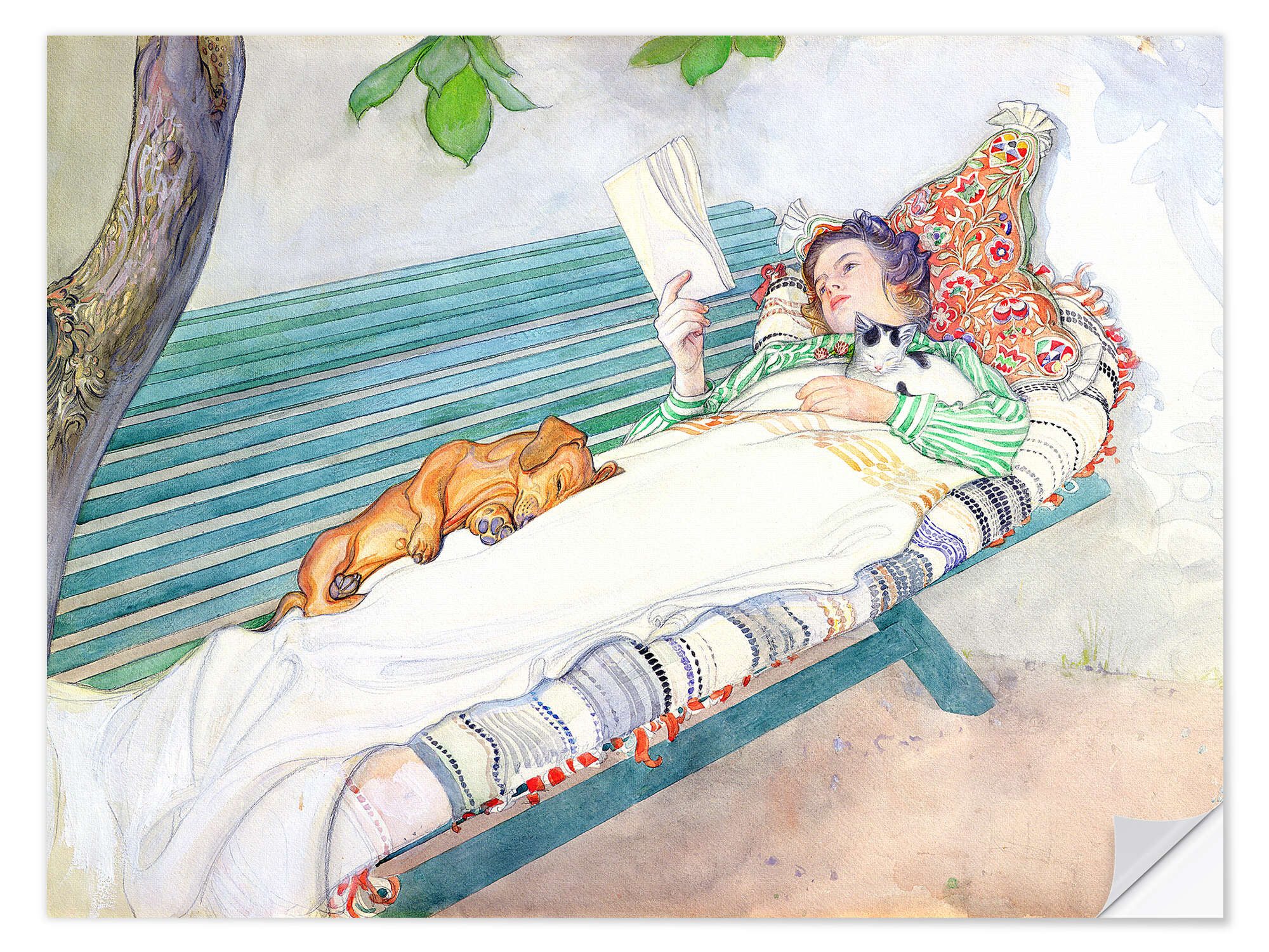 Posterlounge Wandfolie Carl Larsson, Auf einer Bank liegende Frau, Schlafzimmer Landhausstil Malerei