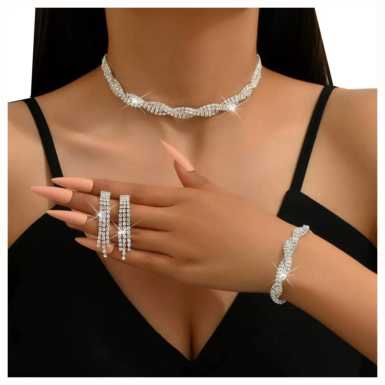 Bextsrack Schmuckset Damen Schmuckset 3-teilig, Braut Strass Schmuckset, (3-tlg), Armband Halskette Ohrringe, Hochzeitsschmuck Set